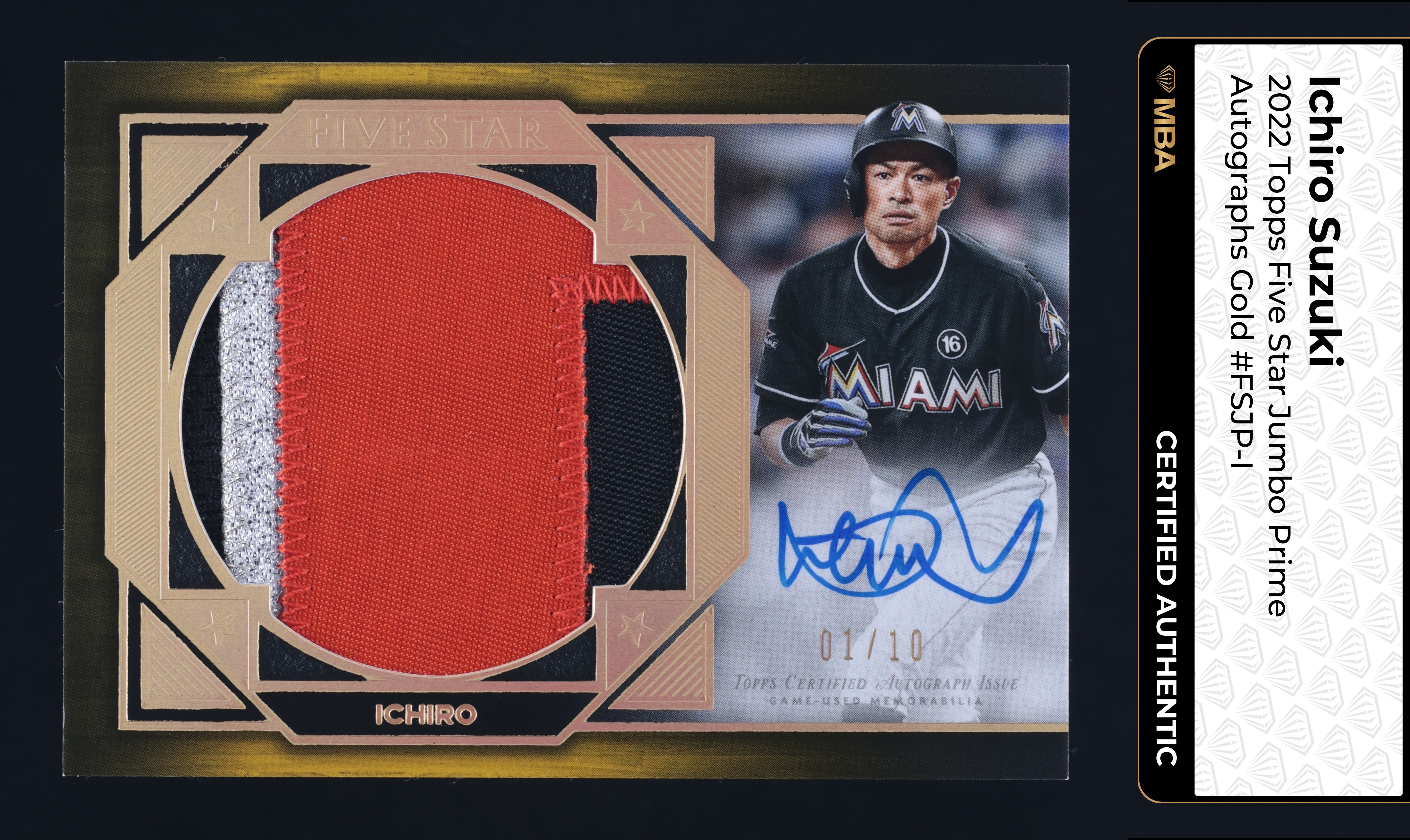 2022 Topps Five Star Prime Gold Ichiro Suzuki PATCH AUTO 1/10 #FSJP-I MBA AUTH