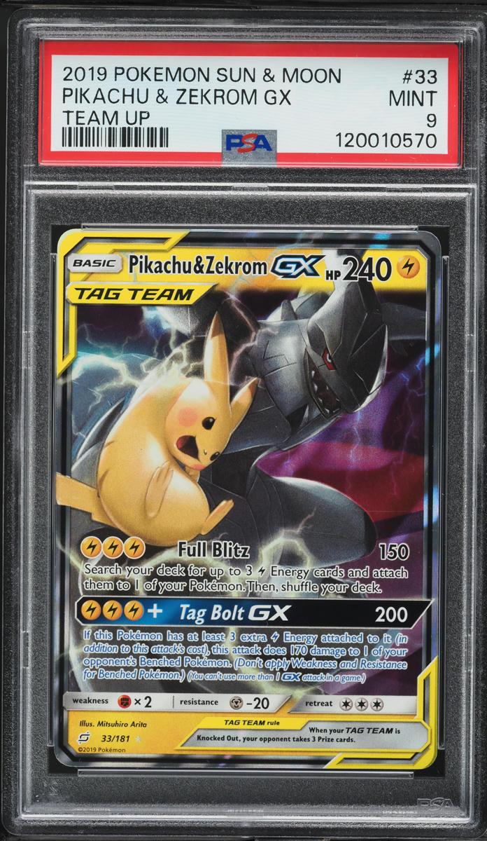 2019 Pokemon Sun & Moon Team Up Holo Pikachu & Zekrom GX #33 PSA 9 MINT