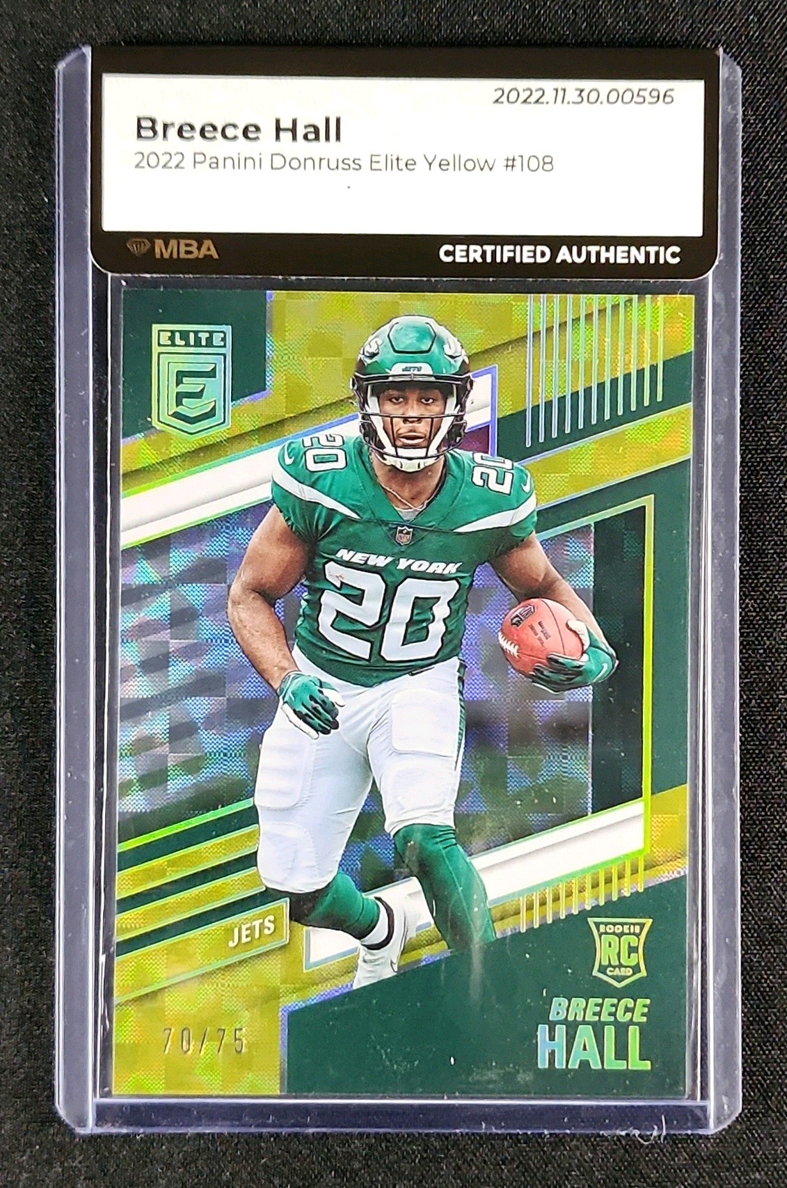 2022 Donruss Elite Yellow Breece Hall ROOKIE /75 #108 MBA AUTH