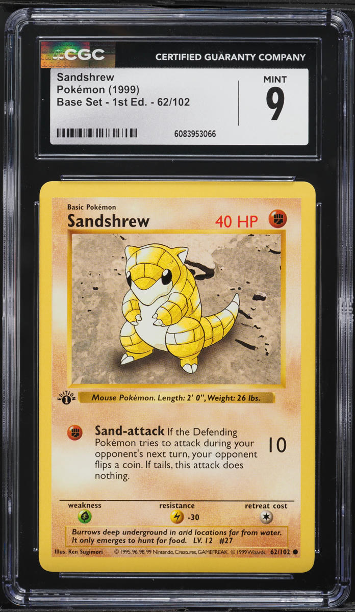 1999 Pokemon Base Set Shadowless 1st Edition Sandshrew #62 CGC 9 MINT