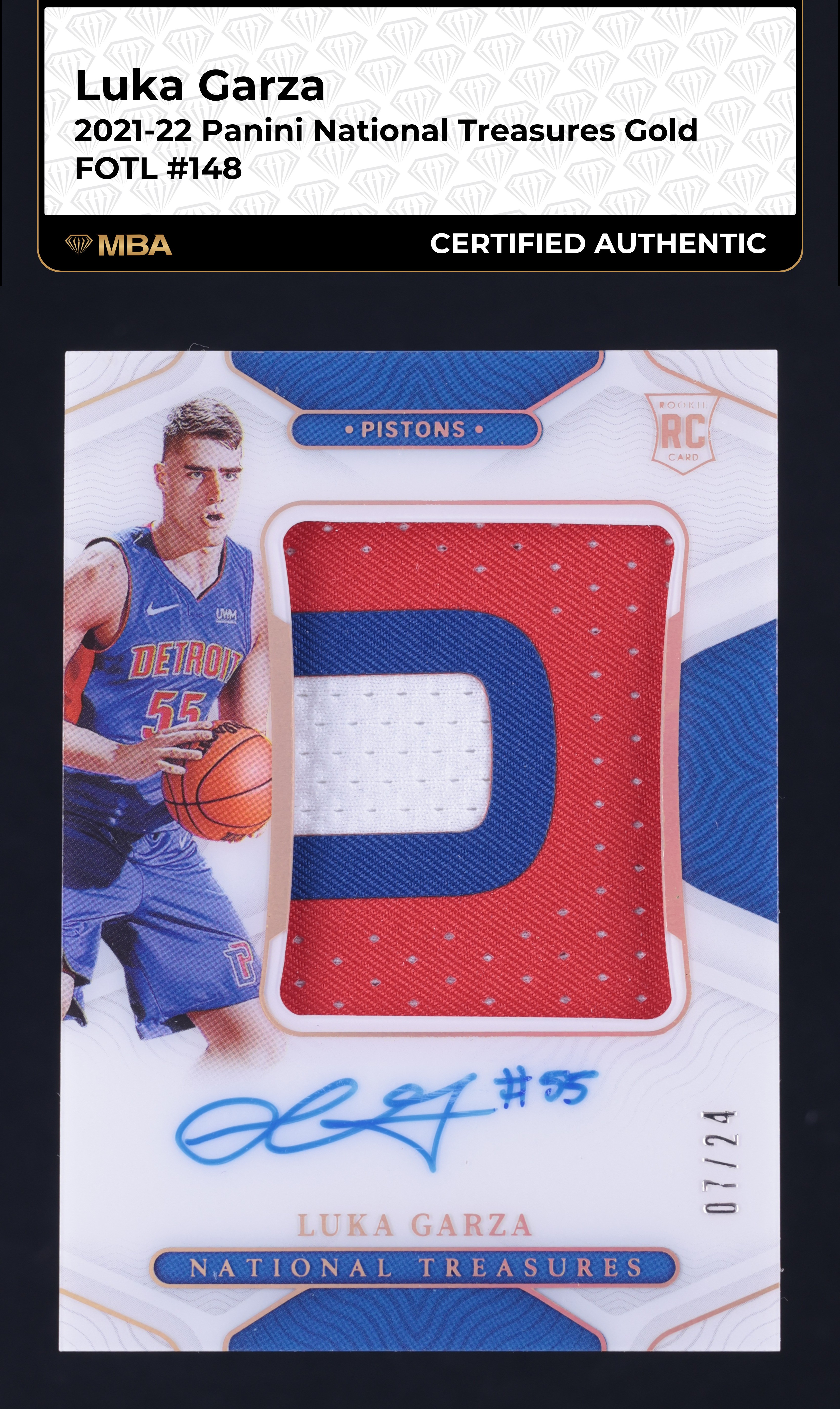 2021 National Treasures Gold FOTL Luka Garza ROOKIE PATCH AUTO /24 #148 MBA AUTH