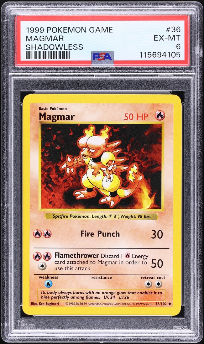 1999 Pokemon Base Set Shadowless Magmar #36 PSA 6 EXMT