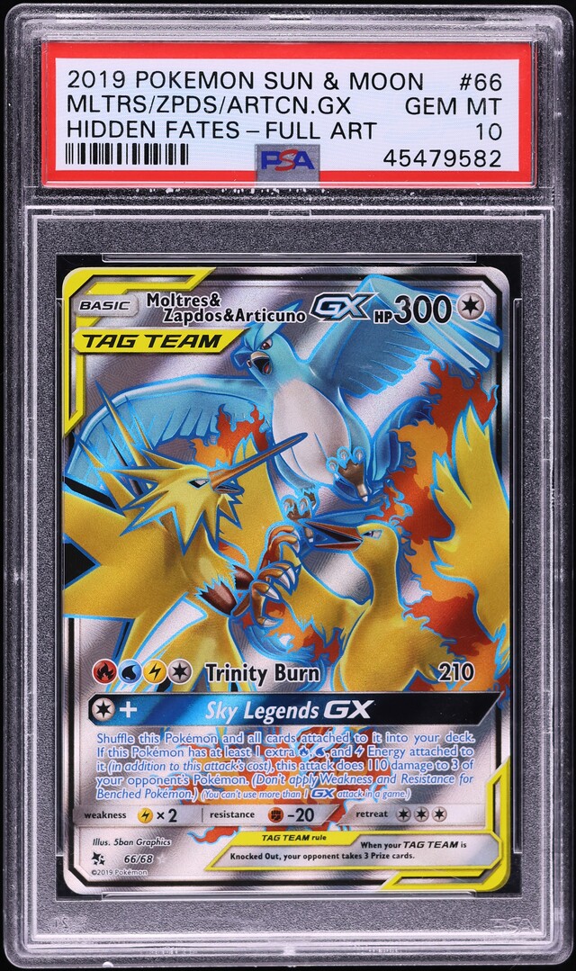 2019 Pokemon SM Hidden Fates Full Art Moltres Zapdos Articuno GX #66 PSA 10 GEM