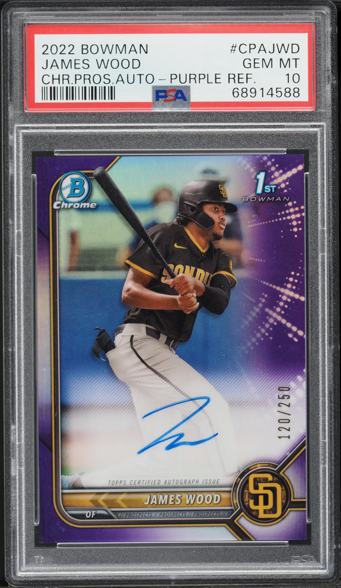 2022 Bowman Chrome Purple Refractor James Wood AUTO /250 #CPA-JWD PSA 10 GEM