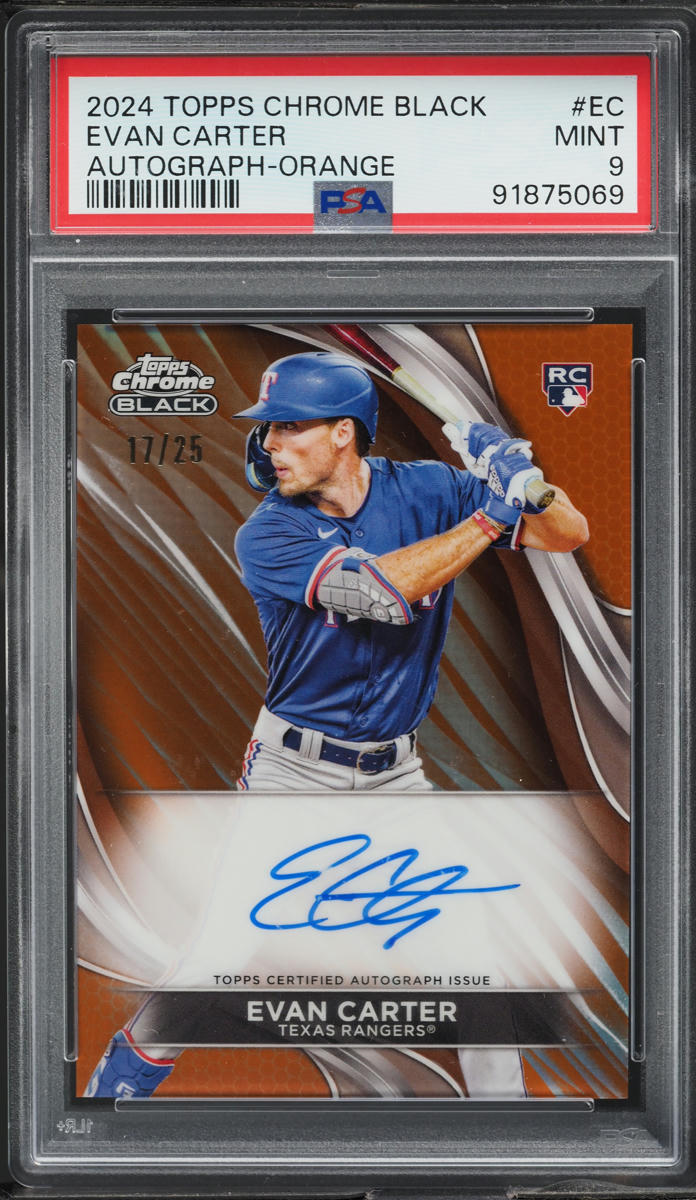 2024 Topps Chrome Black Orange Refractor Evan Carter ROOKIE AUTO /25 PSA 9 MINT