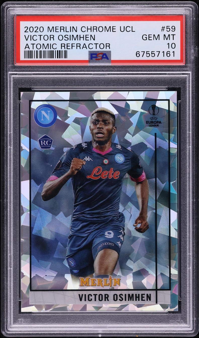 2020 Topps Merlin Chrome UEFA Atomic Refractor Victor Osimhen RC /250 #59 PSA 10