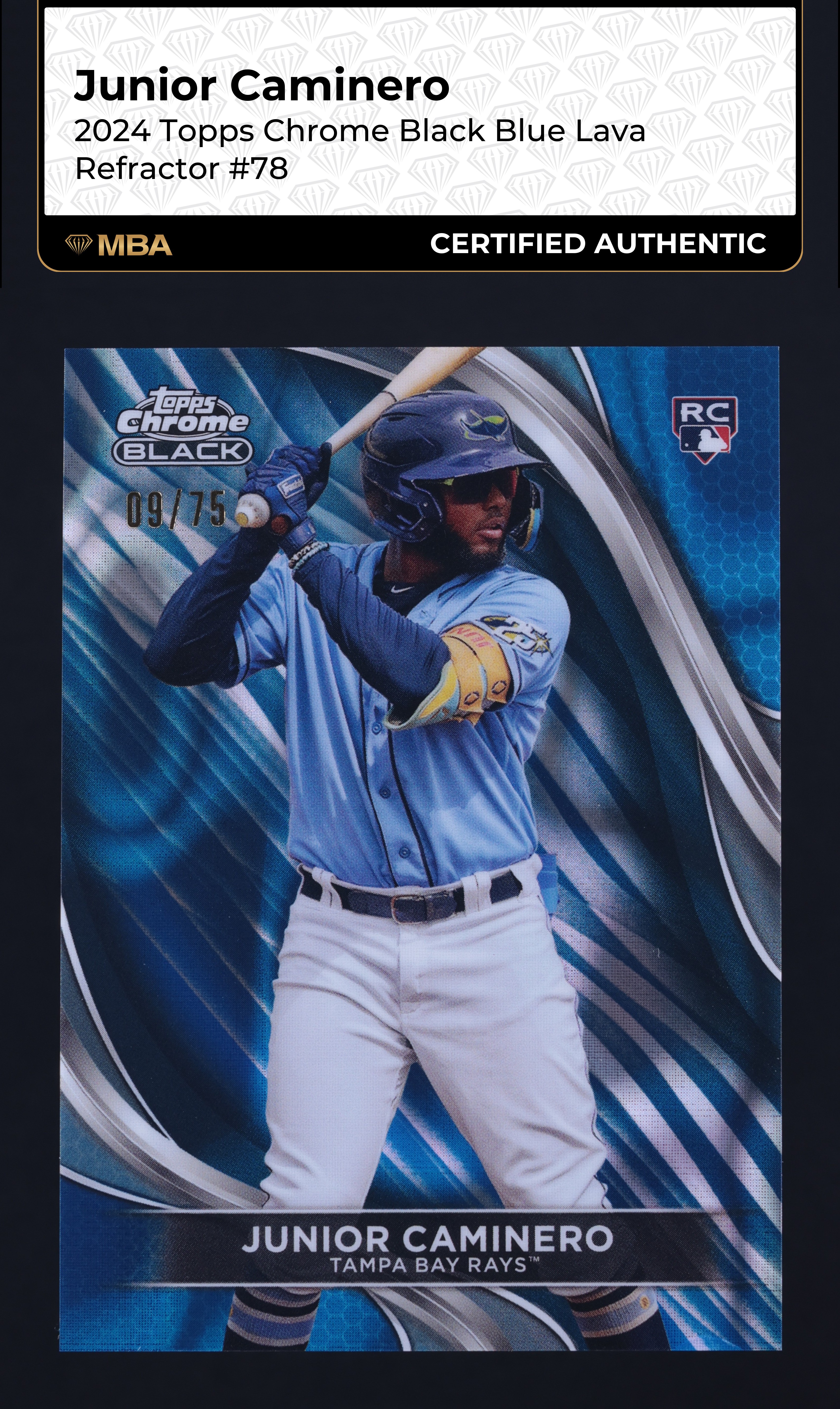 2024 Topps Chrome Black Blue Lava Refractor Junior Caminero RC /75 #78 MBA AUTH