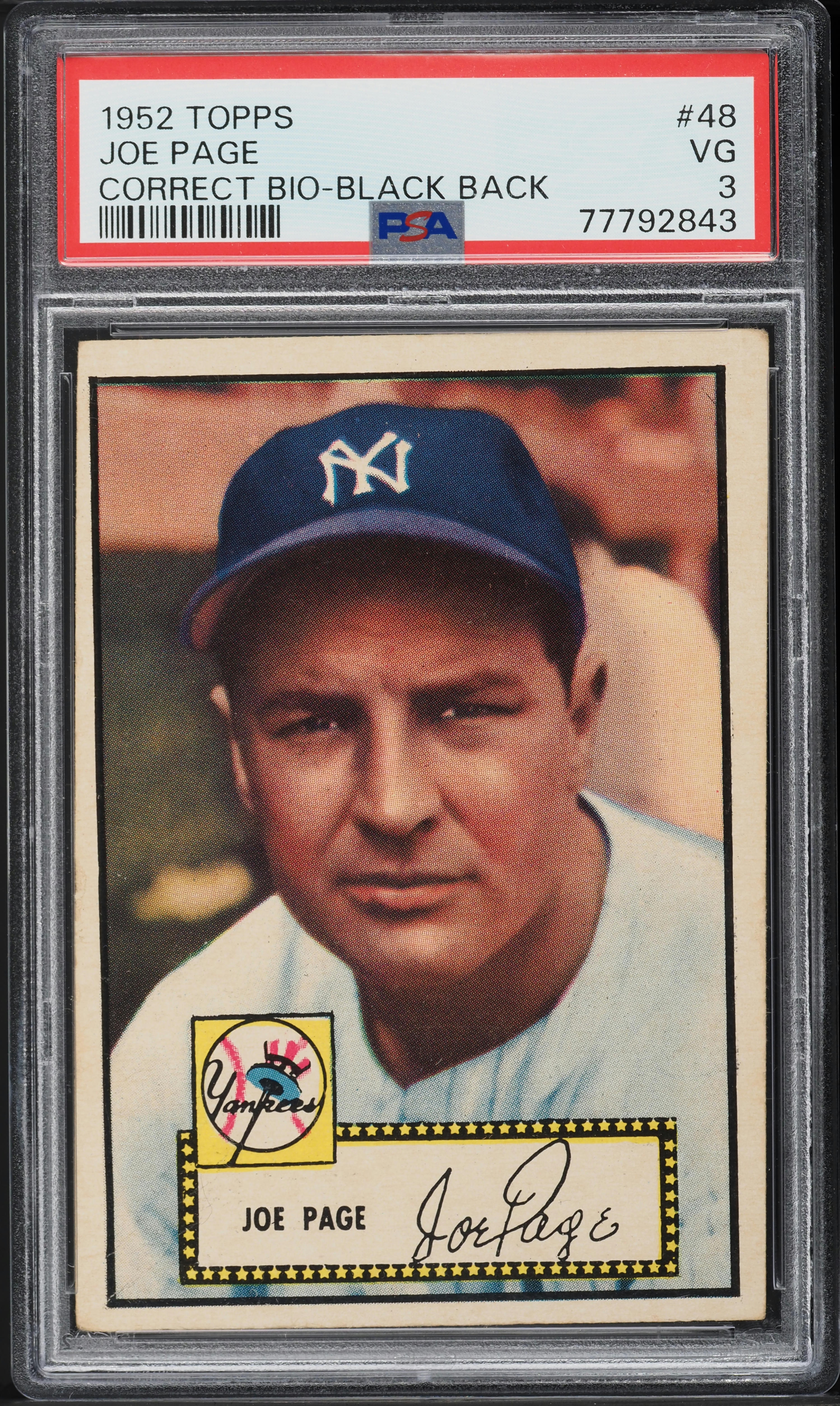 1952 Topps Joe Page CORRECT BIO, BLACK BACK #48 PSA 3 VG