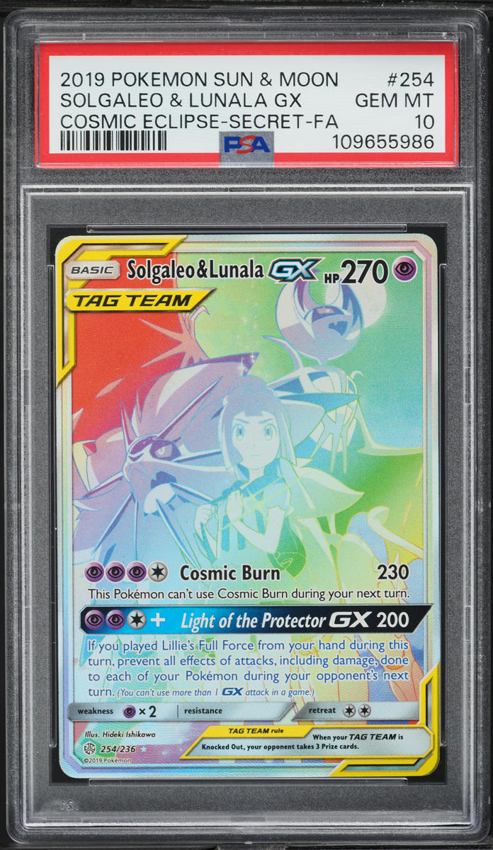 2019 Pokemon SM Cosmic Eclipse Hyper Rare Solgaleo & Lunala GX #254 PSA 10 GEM