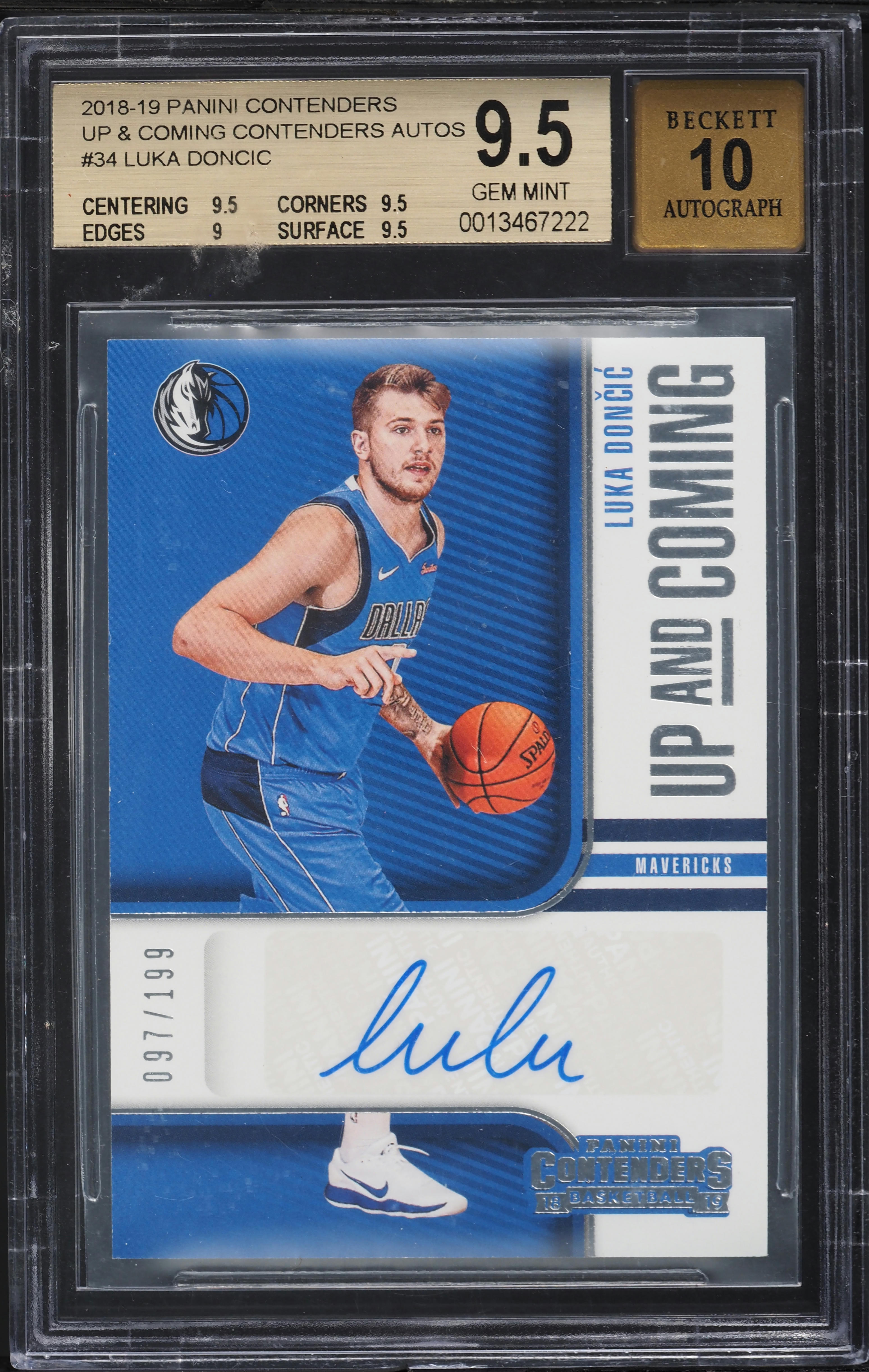 2018 Panini Contenders Up & Coming Luka Doncic ROOKIE AUTO /199 BGS 9.5 GEM MINT