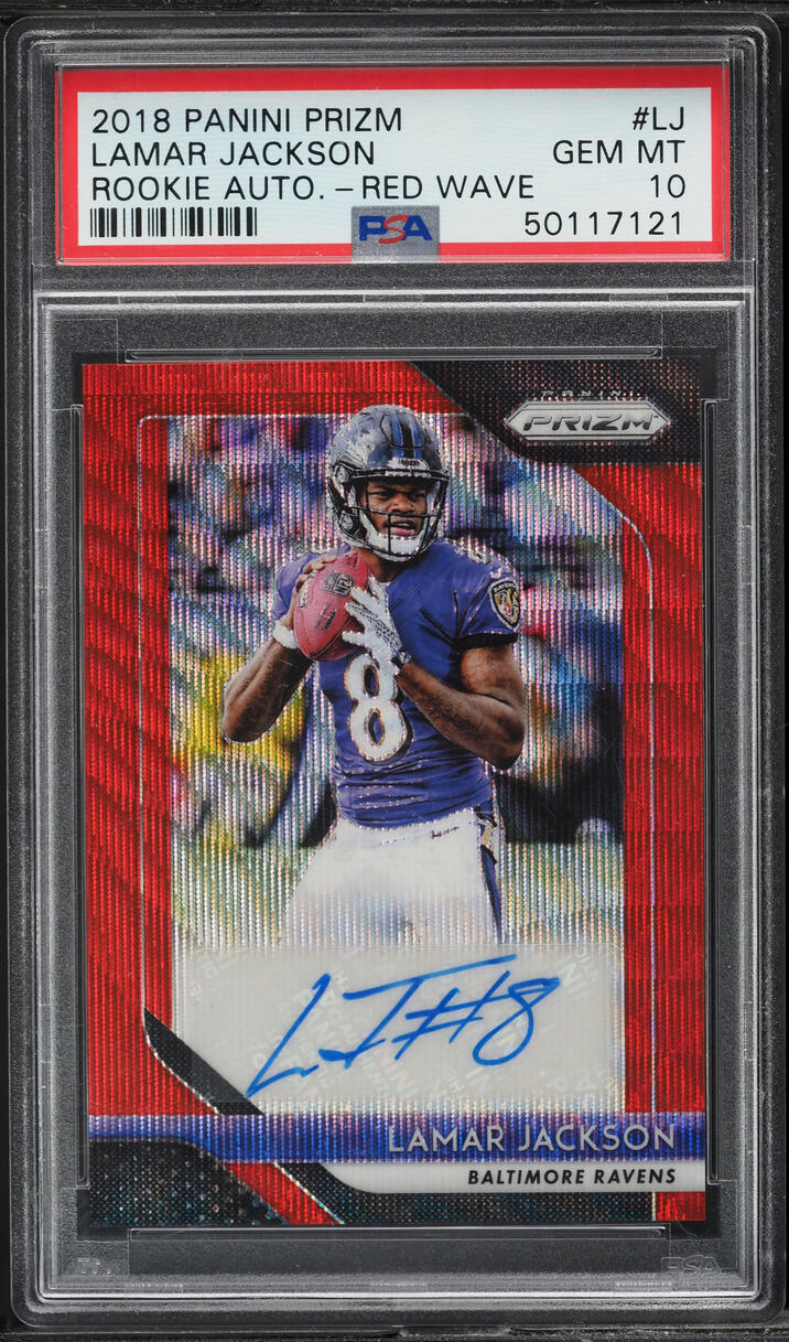 2018 Panini Prizm Red Wave Lamar Jackson ROOKIE AUTO /25 #RA-LJ PSA 10 GEM MINT