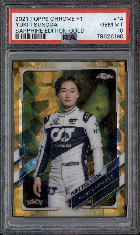 2021 Topps Chrome Formula 1 Sapphire Edition Gold #14 Yuki Tsunoda RC /50 PSA 10