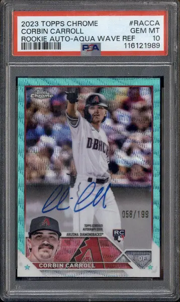 2023 Topps Chrome Rookie Auto Aqua Wave Refractor Corbin Carroll RC /199 PSA 10