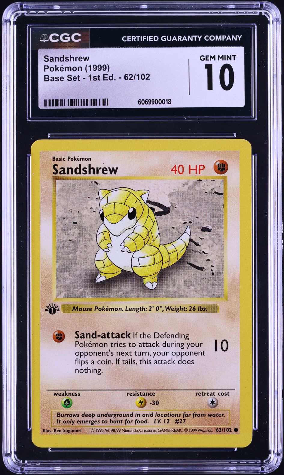 1999 Pokemon Base Set Shadowless 1st Edition Sandshrew #62 CGC 10 GEM MINT