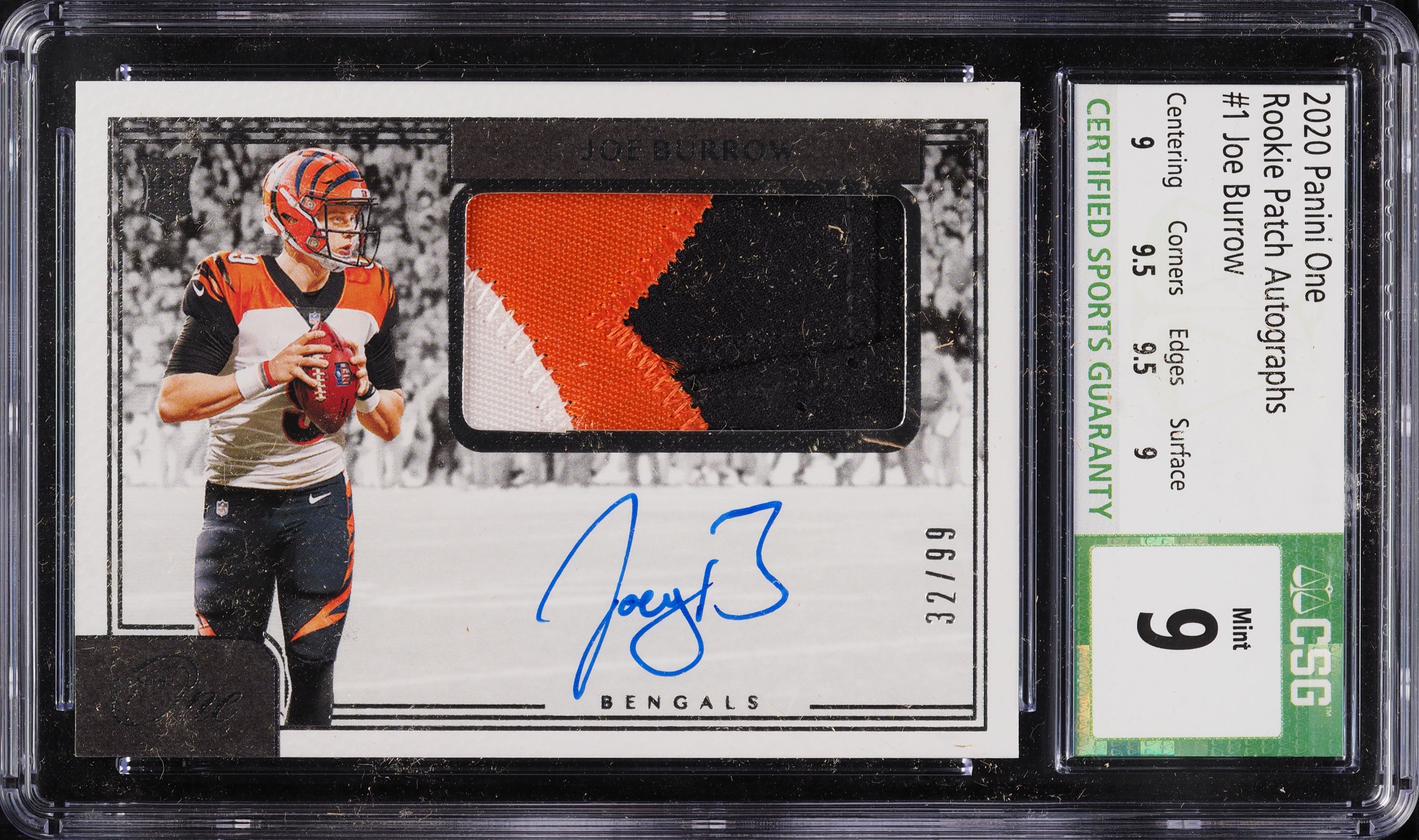2020 Panini One Joe Burrow ROOKIE RC PATCH AUTO /99 #1 CSG 9 MINT