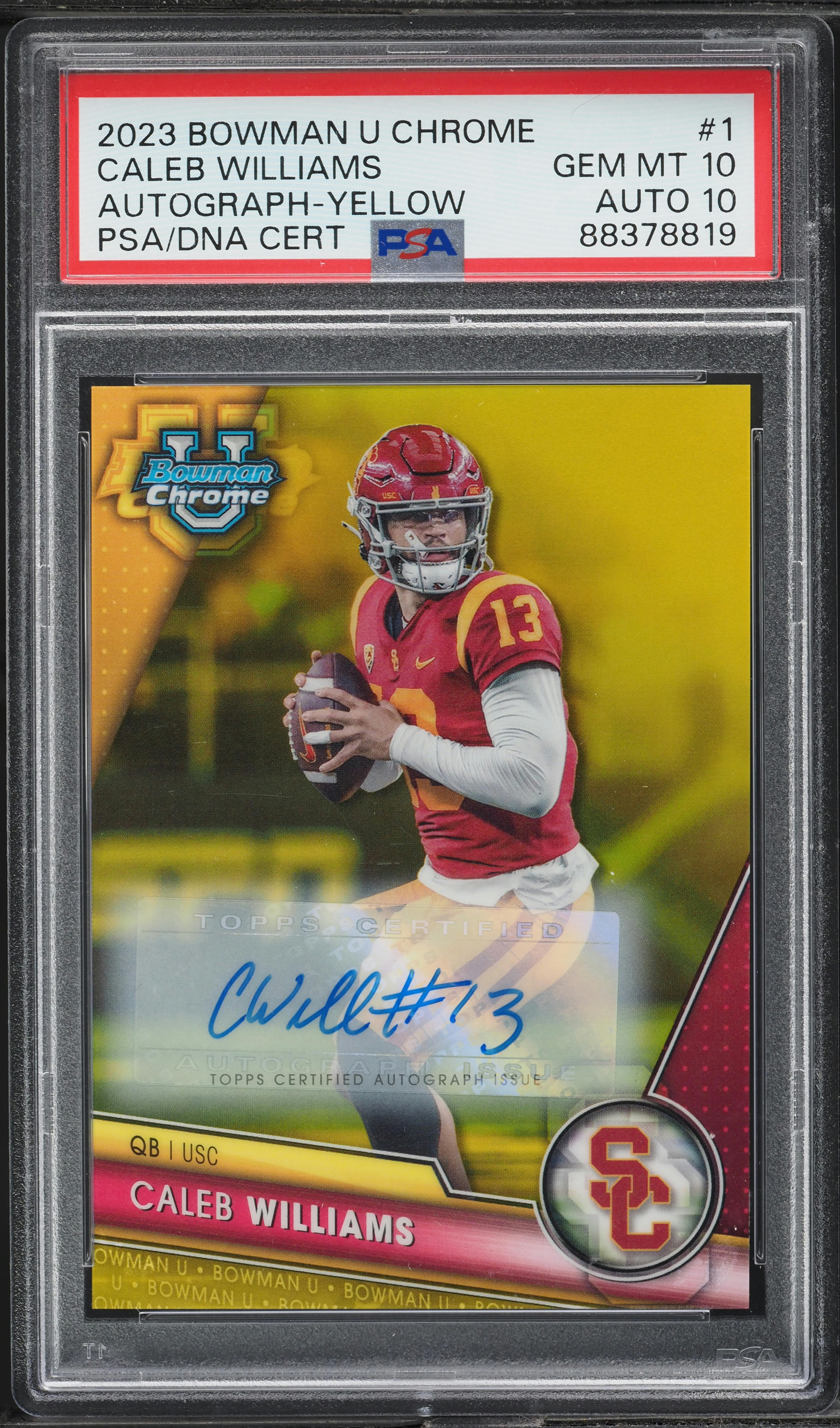2023 Bowman University Chrome Yellow Caleb Williams AUTO DNA 10 /75 #1 PSA 10