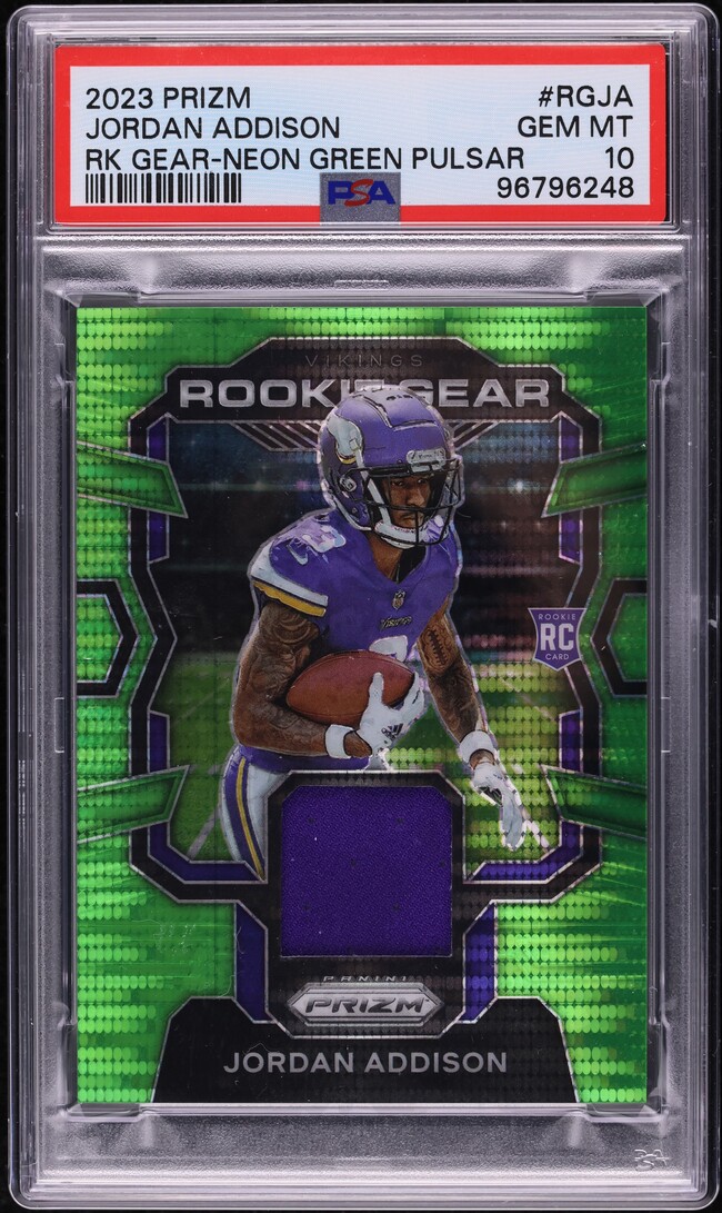 2023 Panini Prizm Gear Neon Green Pulsar Jordan Addison ROOKIE PATCH PSA 10 GEM