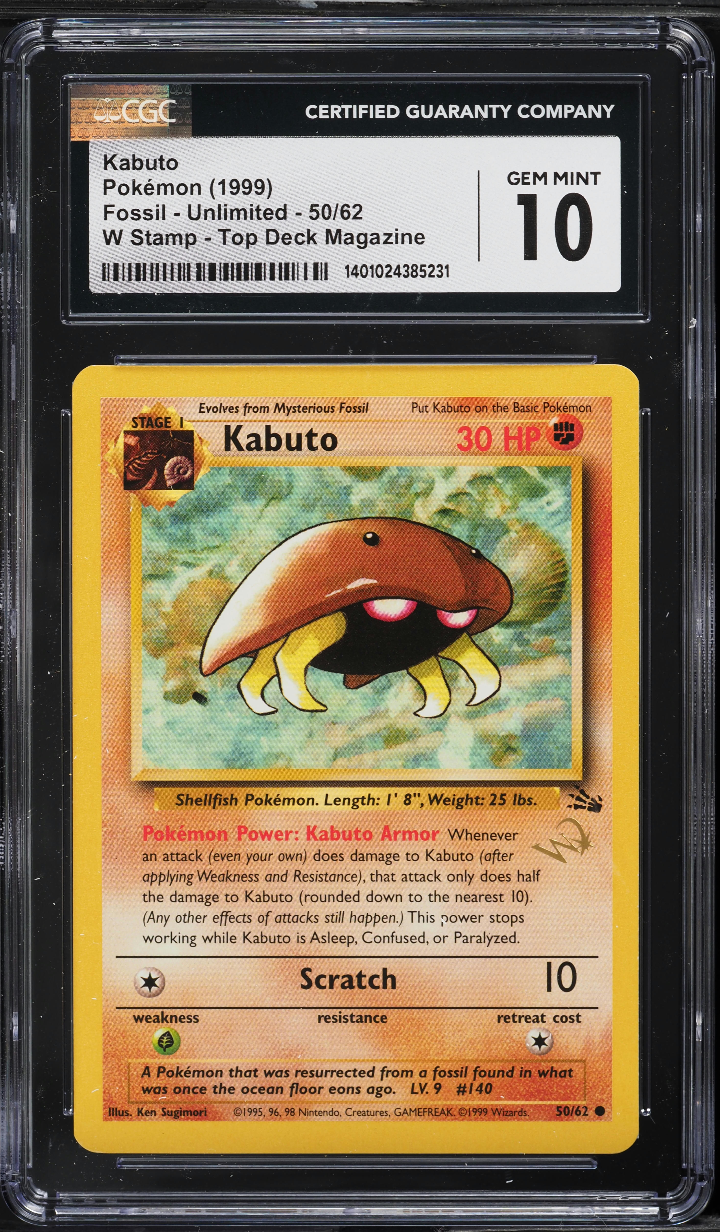 1999 Pokemon Fossil Top Deck Magazine W Stamp Kabuto #50 CGC 10 GEM MINT