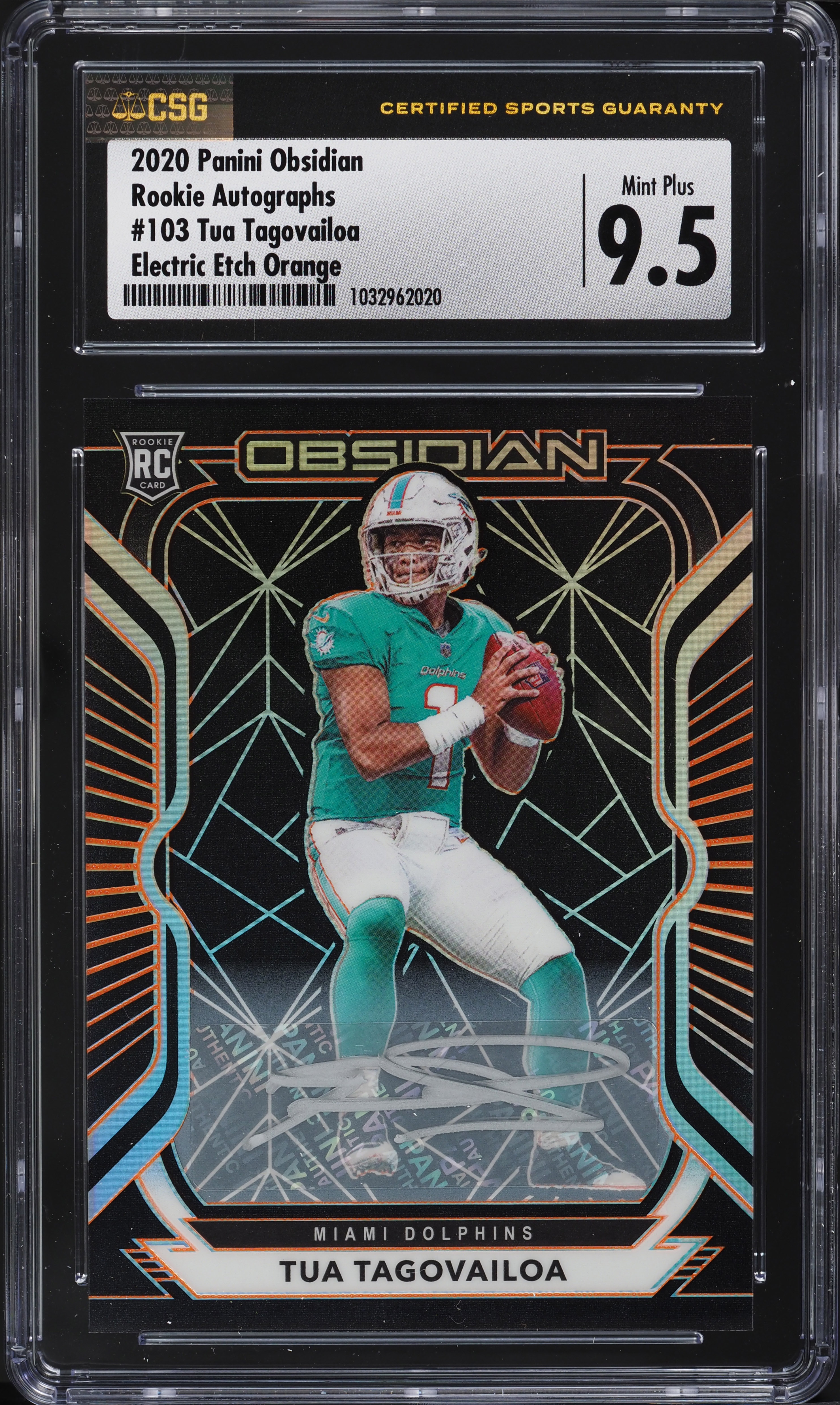 2020 Panini Obsidian E/E Orange Tua Tagovailoa ROOKIE AUTO /25 #103 CSG 9.5