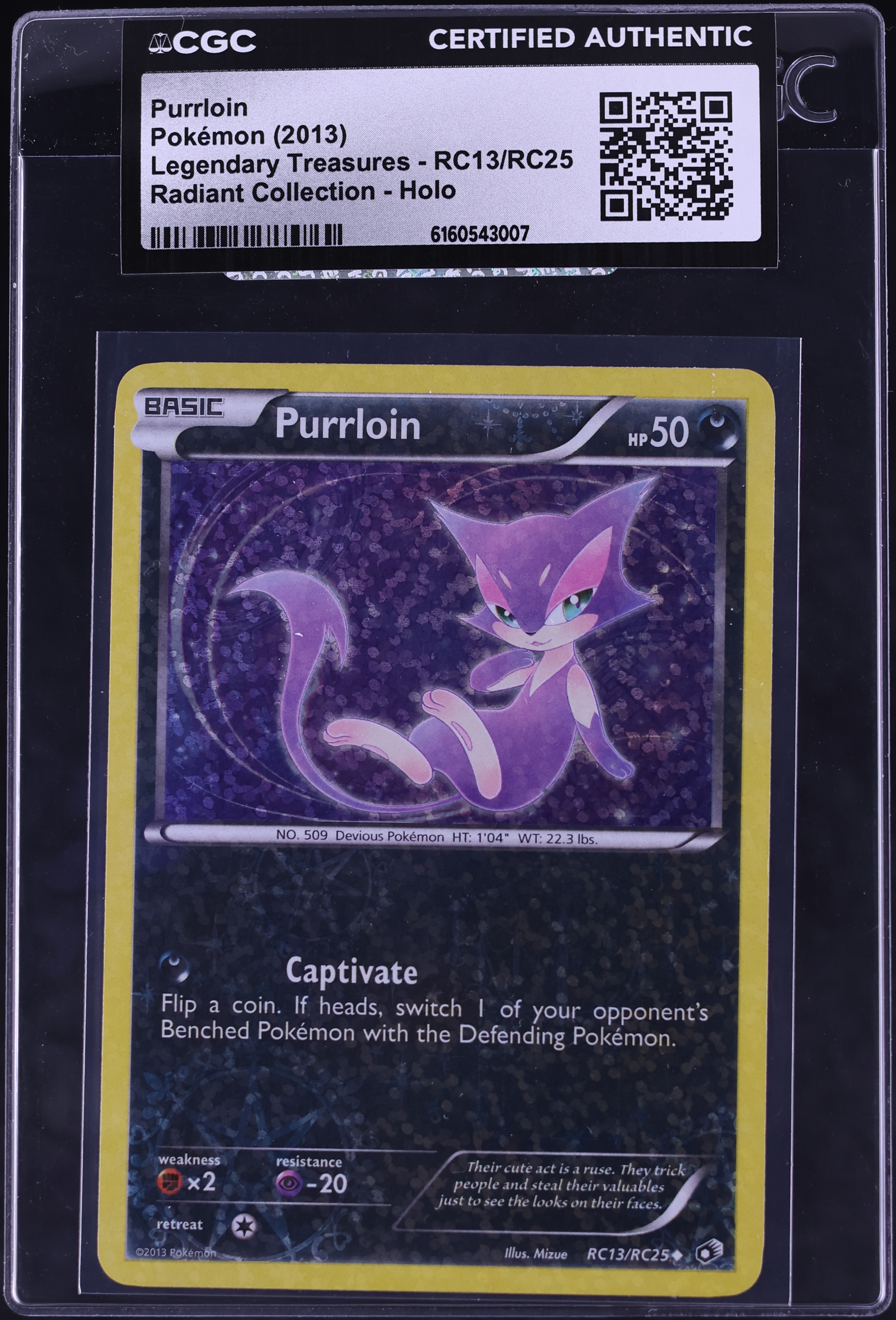 2013 Pokemon Black & White Legendary Treasures Radiant Collection Holo Purrloin #RC13 CGC AUTH