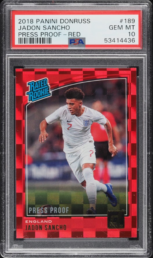2018 Donruss Press Proof Red Jadon Sancho ROOKIE #189 PSA 10 GEM MINT