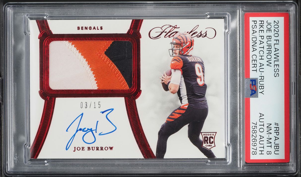 2020 Panini Flawless Ruby Joe Burrow ROOKIE PATCH AUTO /15 #RPAJBU PSA 8 NM-MT