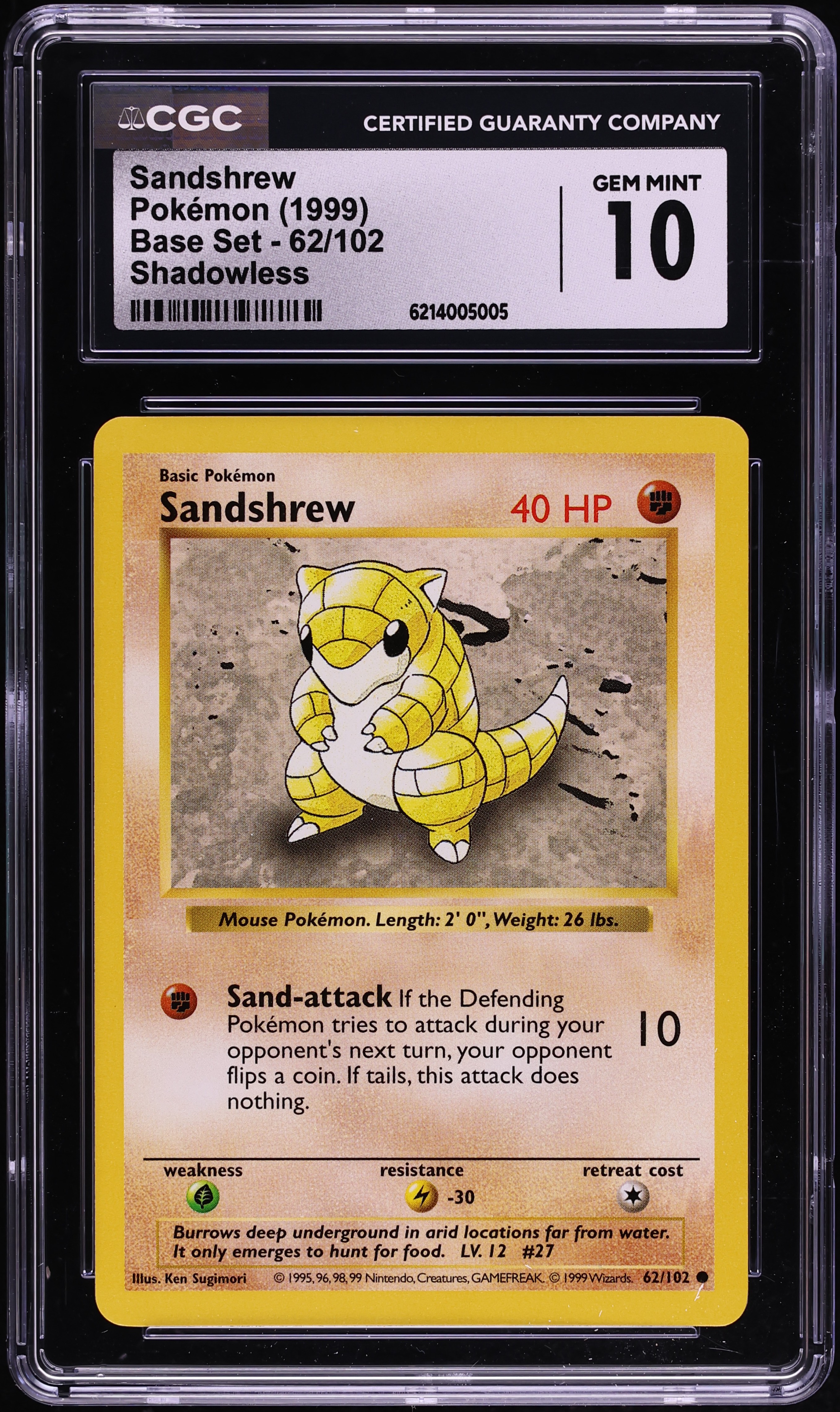 1999 Pokemon Base Set Shadowless Sandshrew #62 CGC 10 GEM MINT