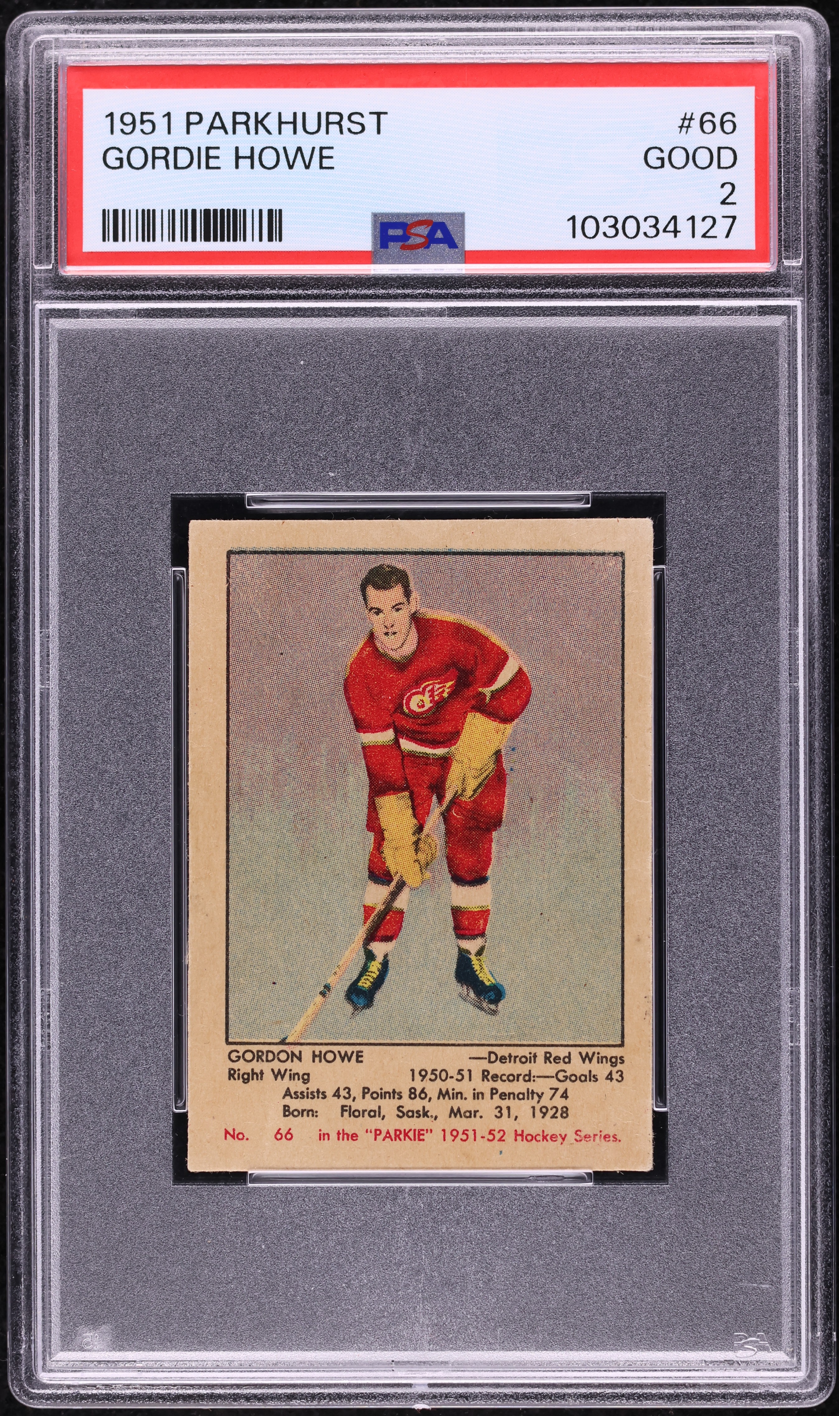 1951 Parkhurst Gordie Howe ROOKIE #66 PSA 2 GD