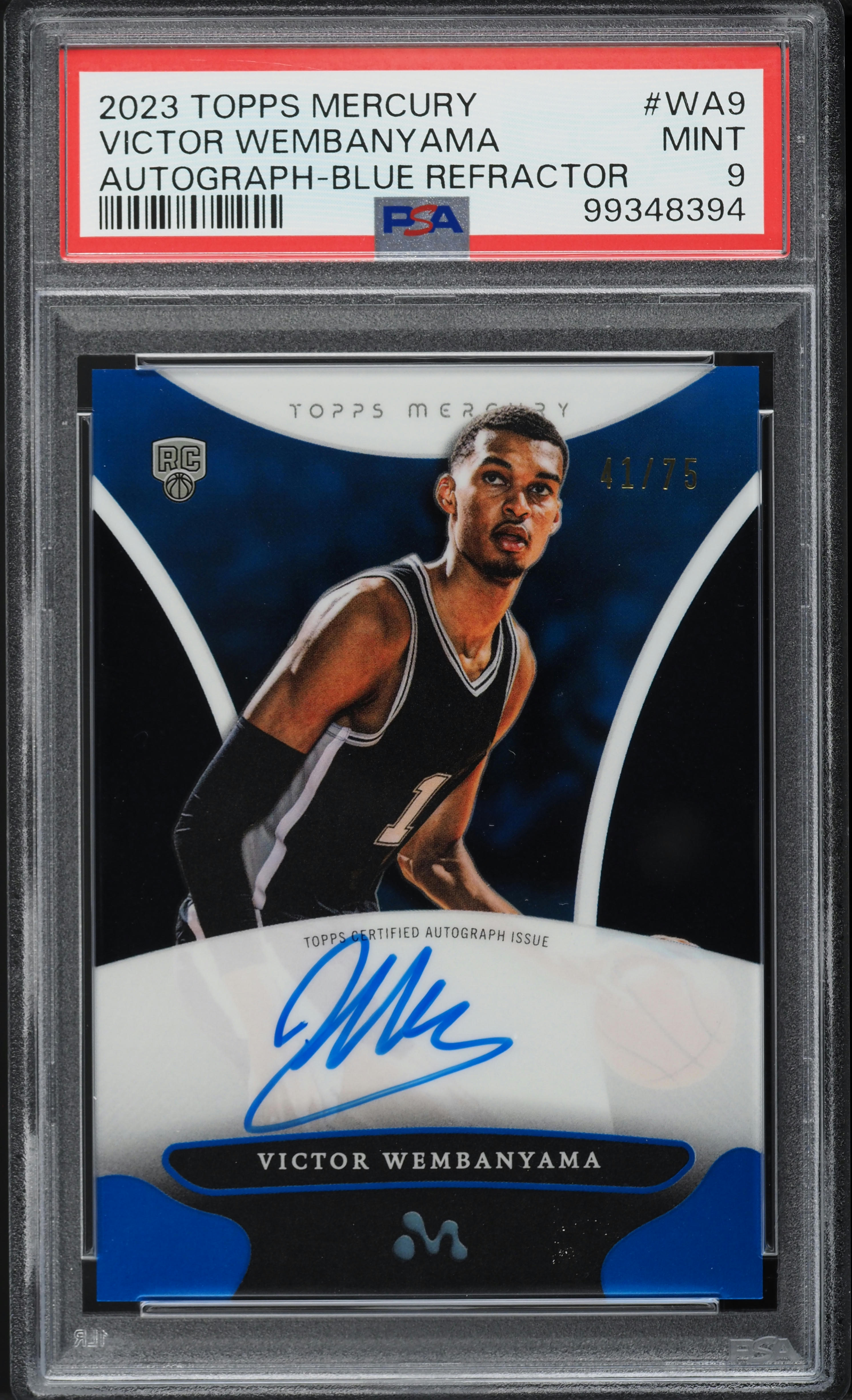 2023 Topps Mercury Blue Refractor Victor Wembanyama ROOKIE AUTO /75 #WA9 PSA 9