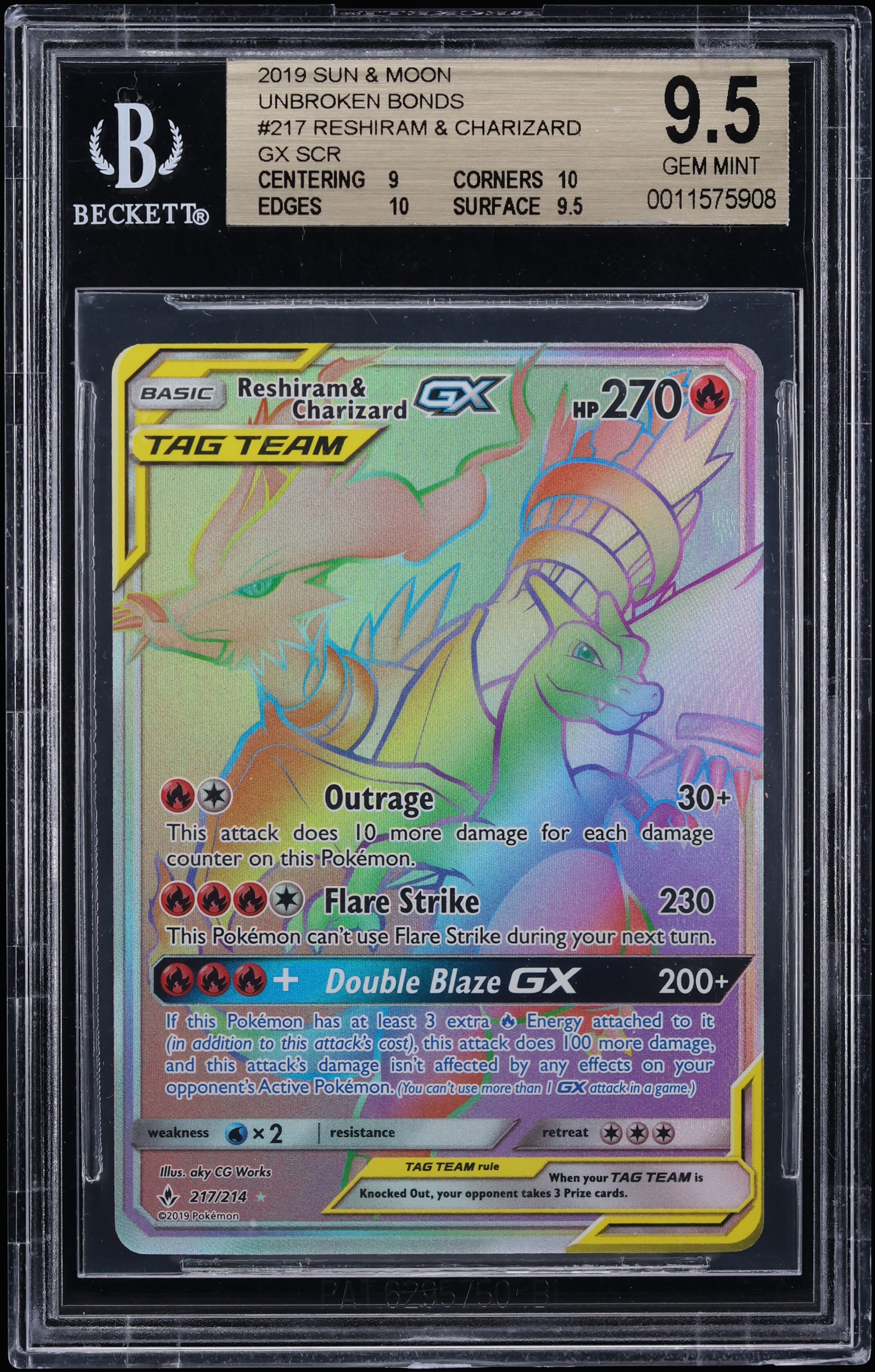 2019 Pokemon Sun & Moon Unbroken Bonds Rainbow Rare Reshiram & Charizard GX #217 BGS 9.5 GEM
