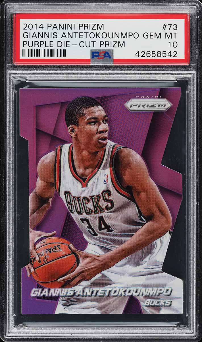 2014 Panini Prizm Purple Prizms Die-Cut Giannis Antetokounmpo /139 #73 PSA 10