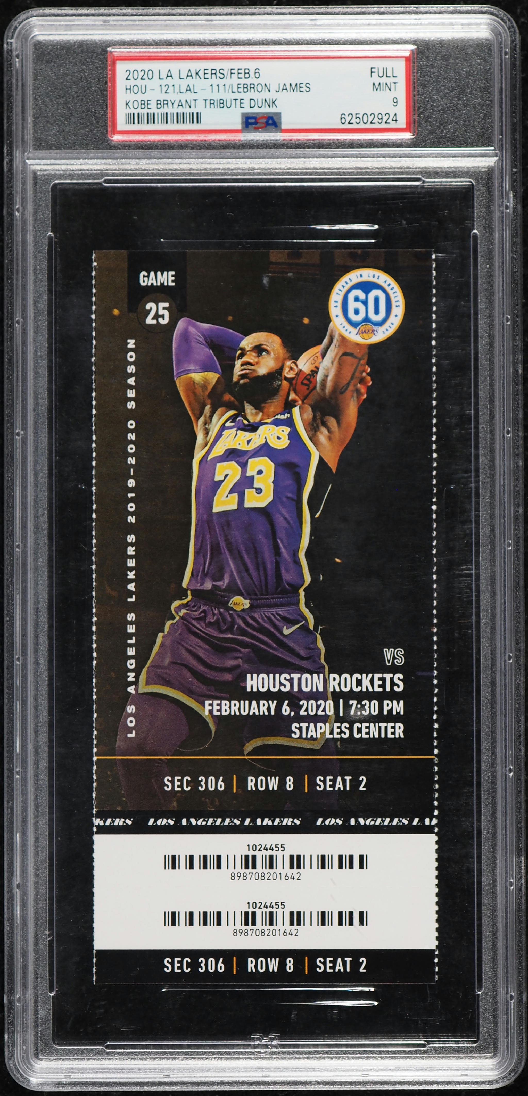 2020 L.A. Lakers Full Ticket LeBron James Kobe Bryant Tribute Dunk PSA 9 MINT