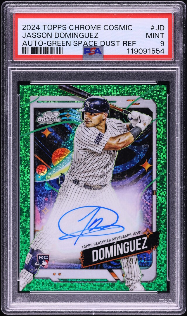 2024 Topps Chrome Cosmic Green Space Dust Jasson Dominguez RC AUTO /75 PSA 9