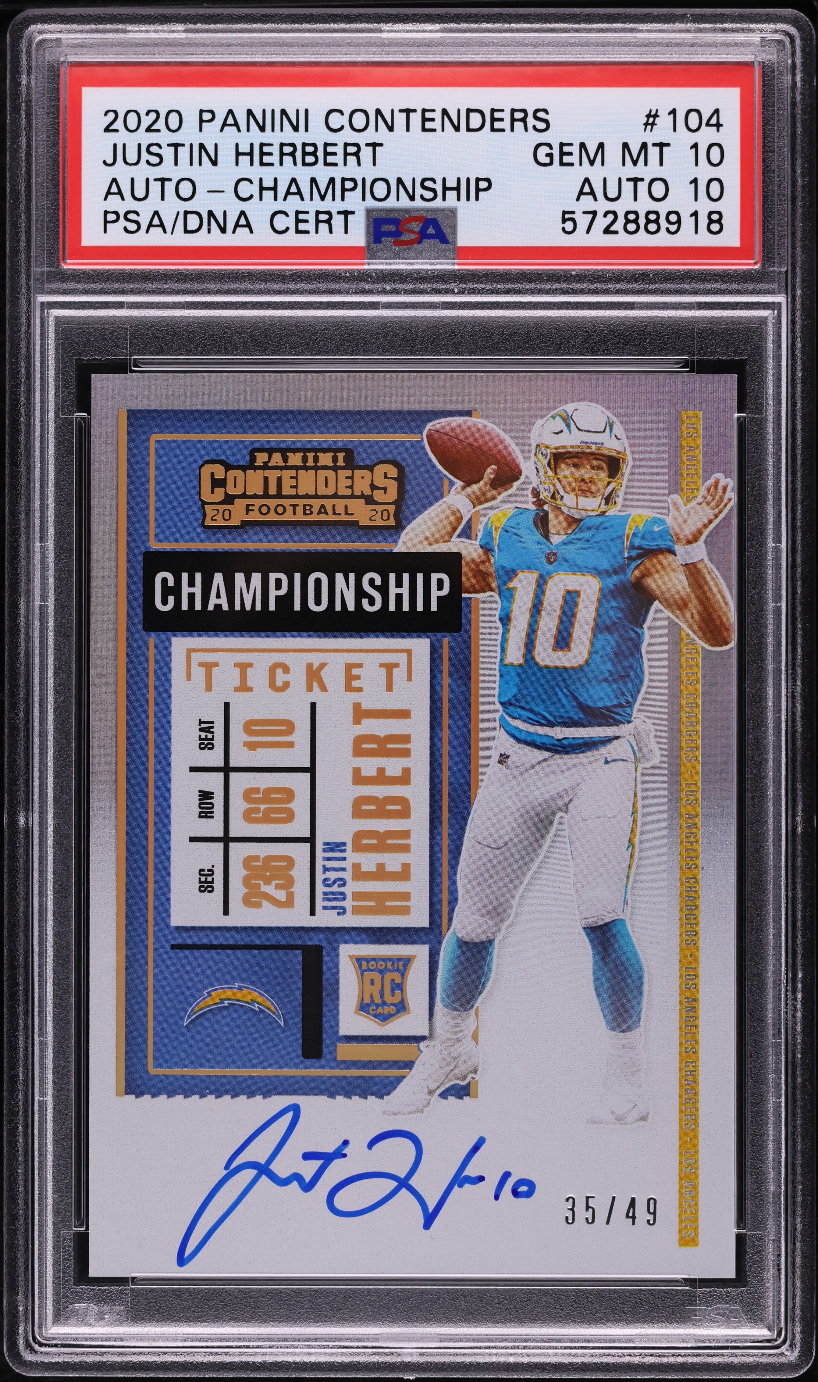 2020 Panini Contenders Championship Justin Herbert ROOKIE AUTO DNA 10 /49 PSA 10