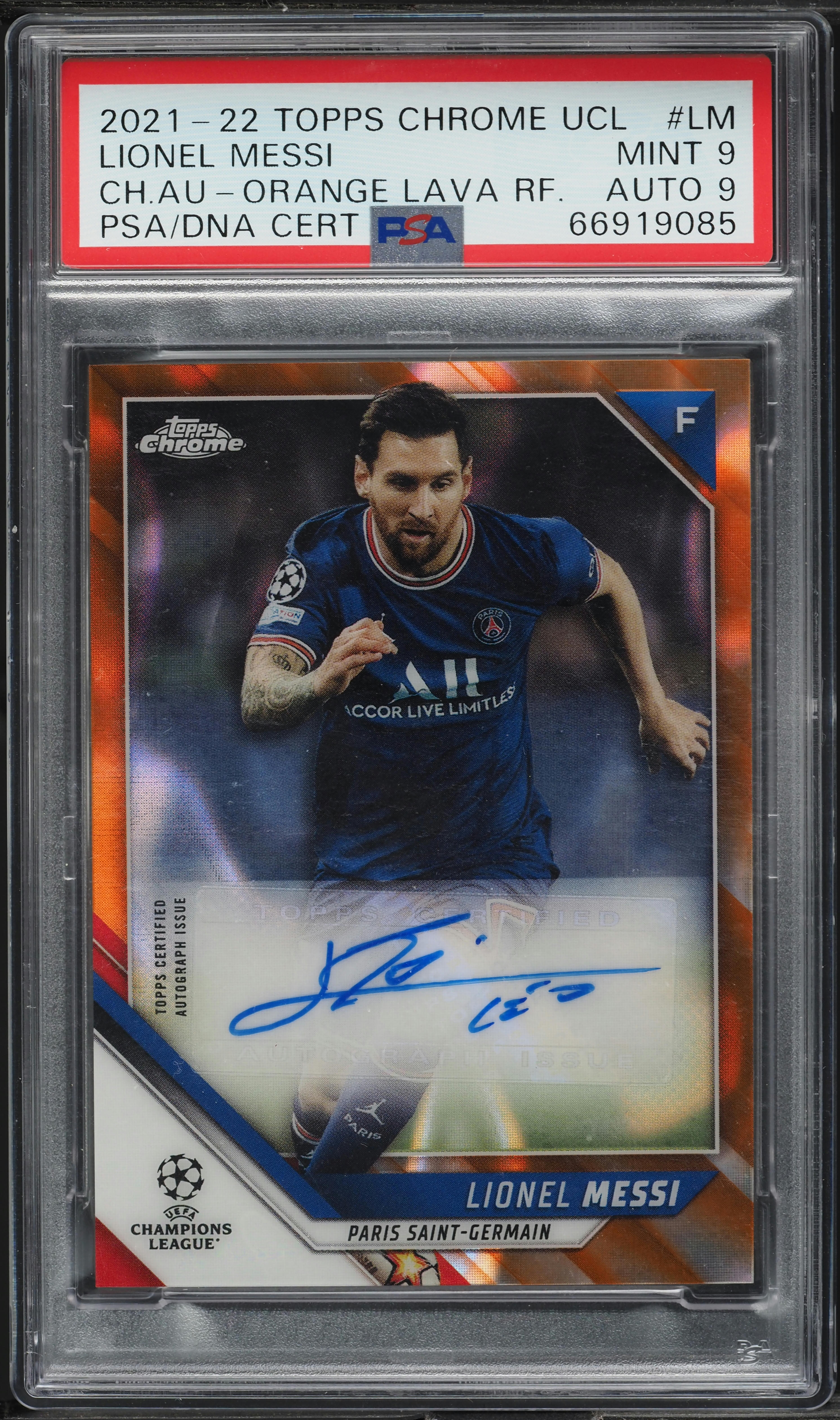 2021 Topps Chrome UEFA Orange Lava Refractor Lionel Messi AUTO DNA 9 PSA 9 MINT