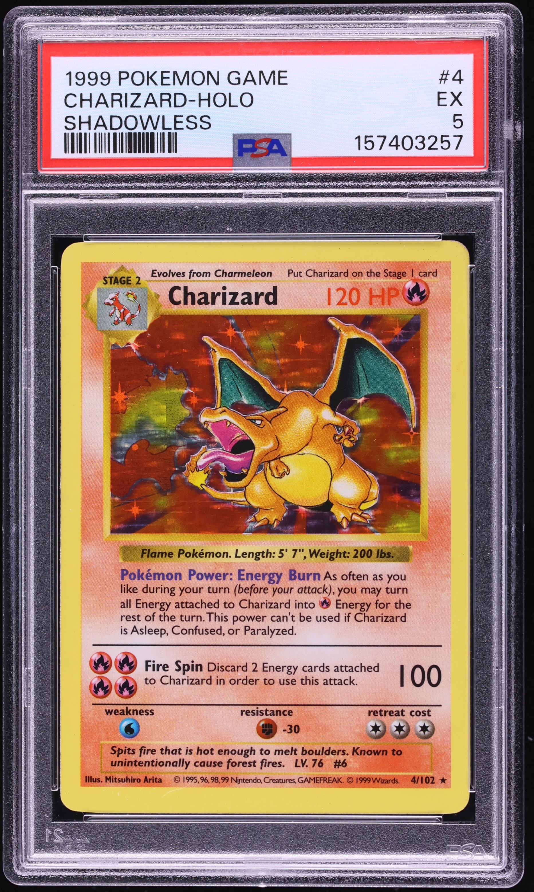 1999 Pokemon Base Set Shadowless Holo Charizard #4 PSA 5 EX