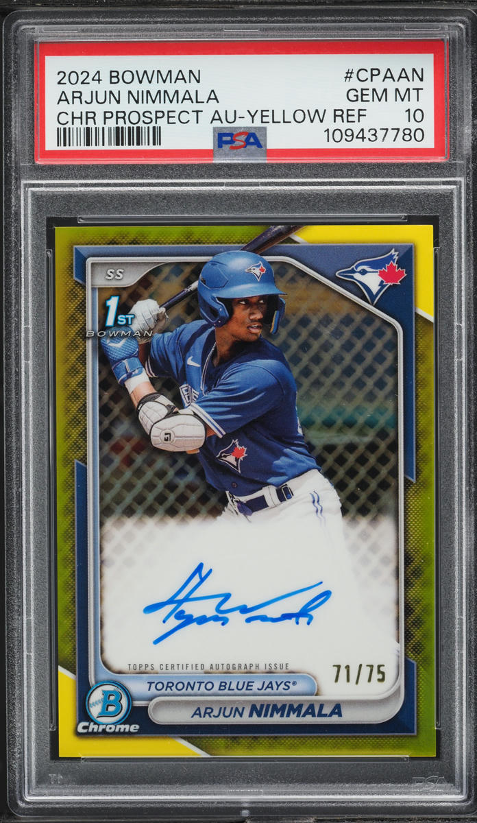 2024 Bowman Chrome Yellow Refractor Arjun Nimmala AUTO /75 #CPAAN PSA 10 GEM