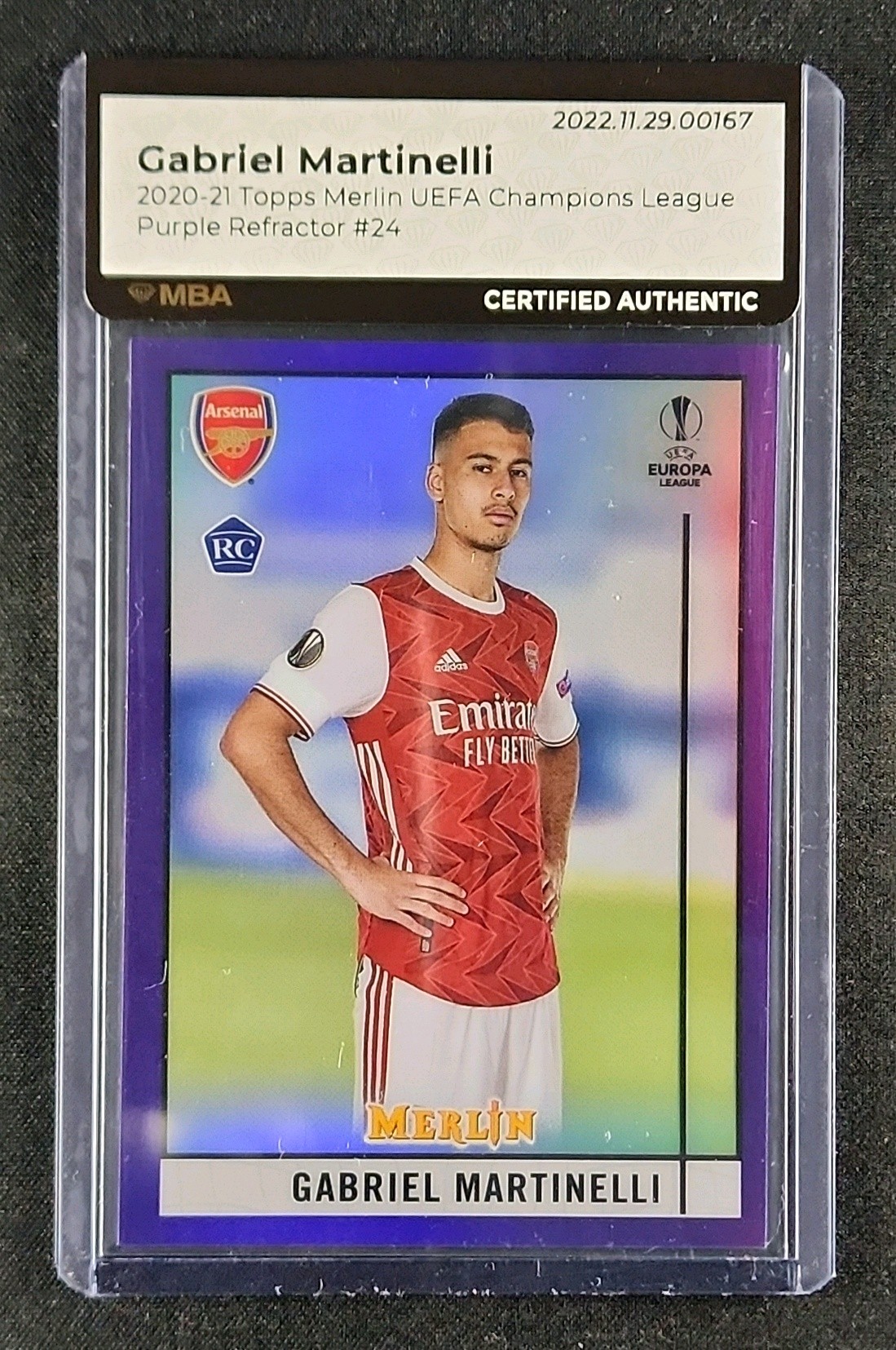 2020 Topps Chrome Merlin Purple Refractor Gabriel Martinelli RC /299 MBA AUTH