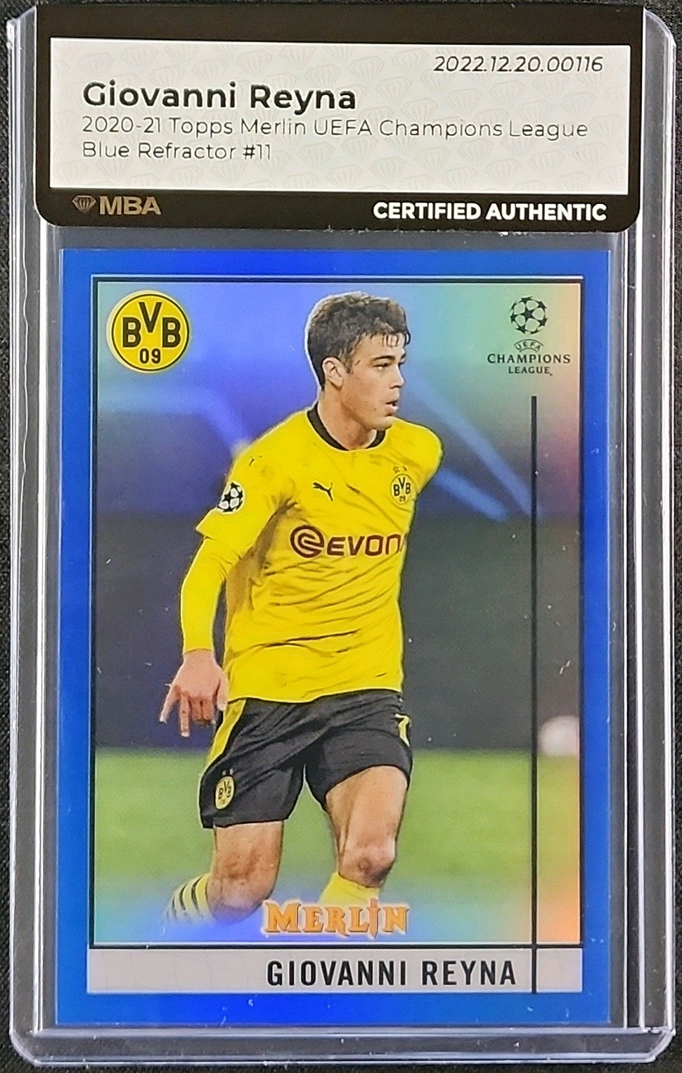 2020 Topps Merlin Chrome UEFA Blue Refractor Giovanni Reyna /75 #11 MBA AUTH
