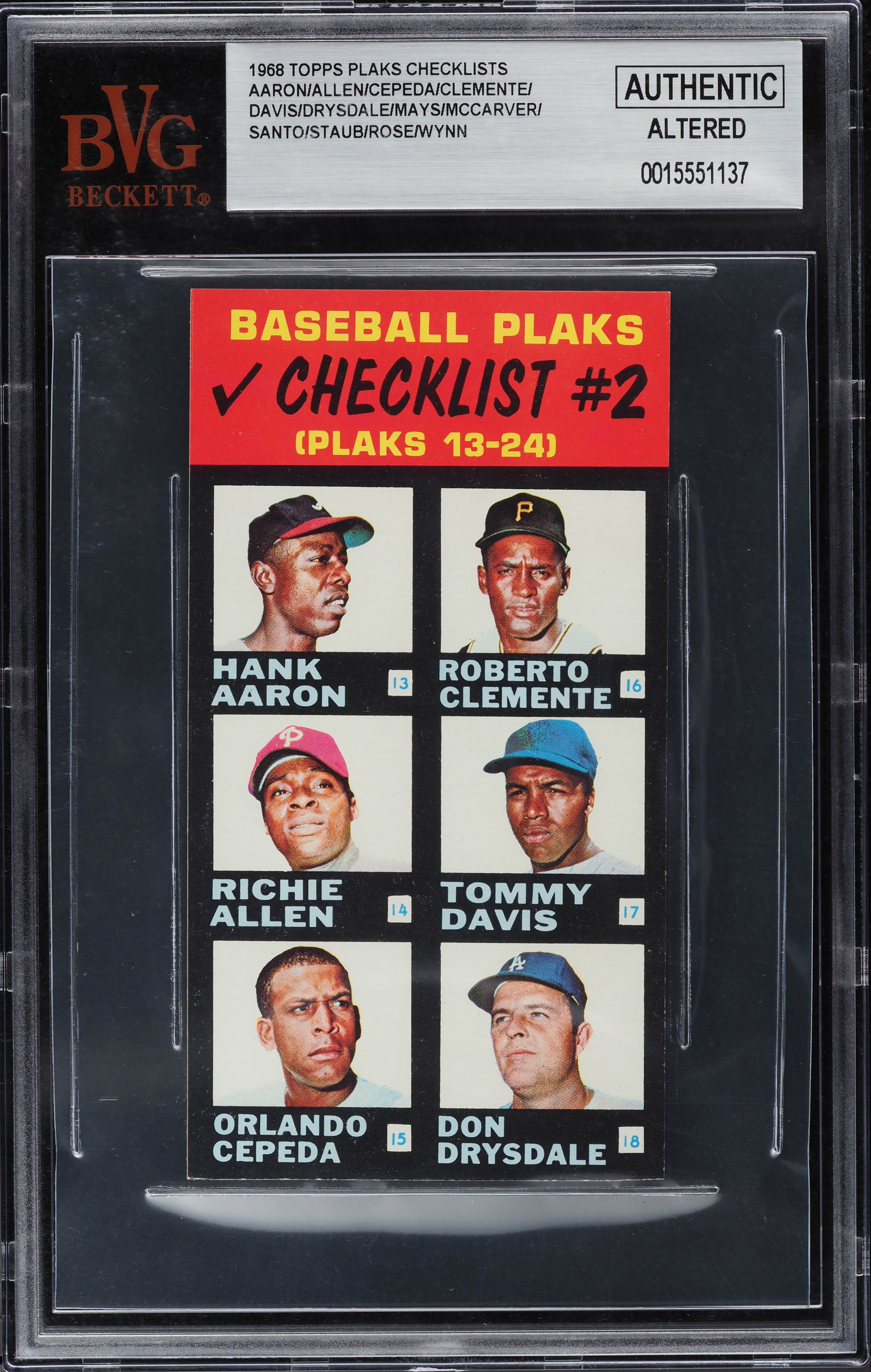 1968 Topps Plaks Checklists Hank Aaron Roberto Clemente Willie Mays #2 BVG AUTH