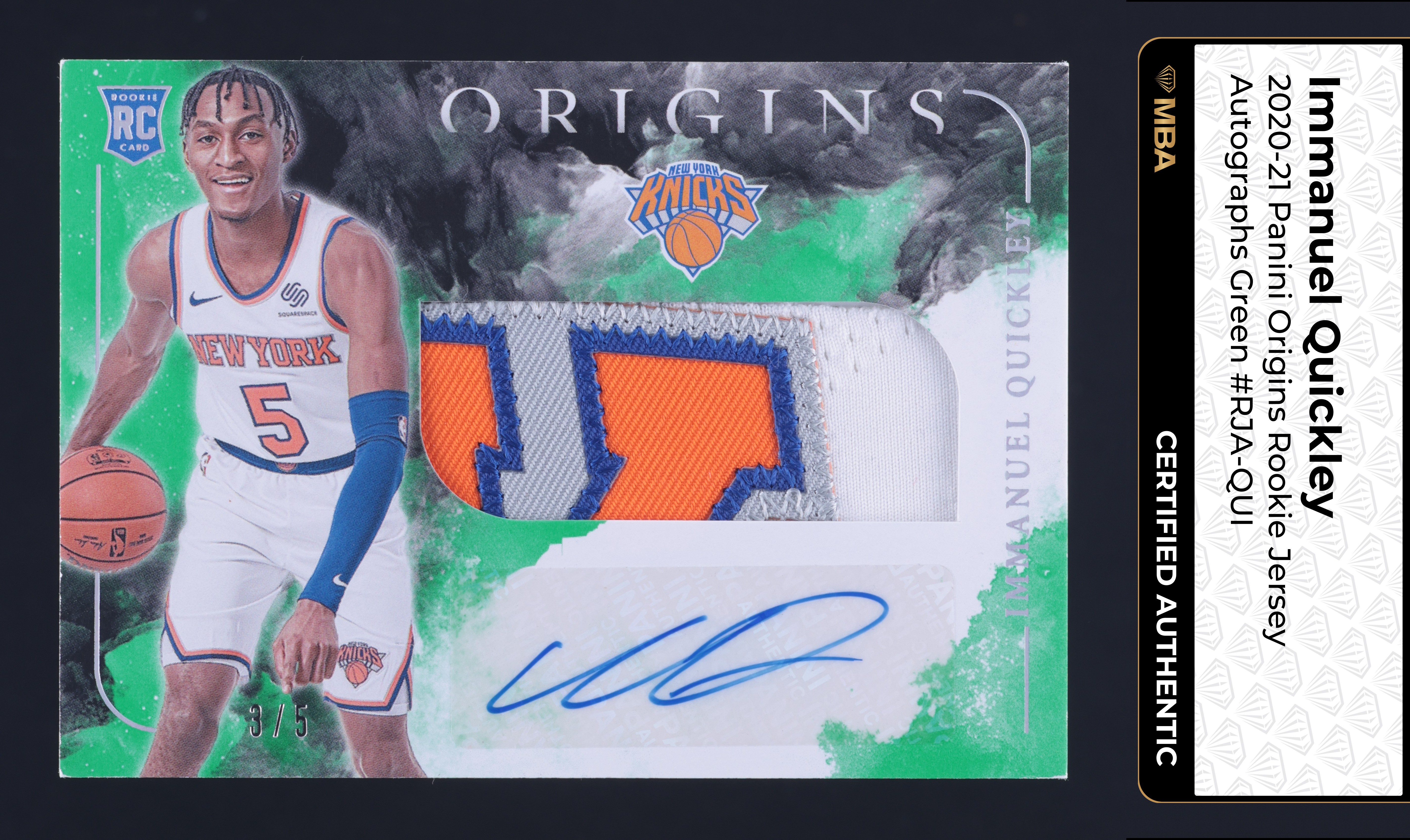 2020 Panini Origins Green Immanuel Quickley ROOKIE PATCH AUTO /5 MBA AUTH
