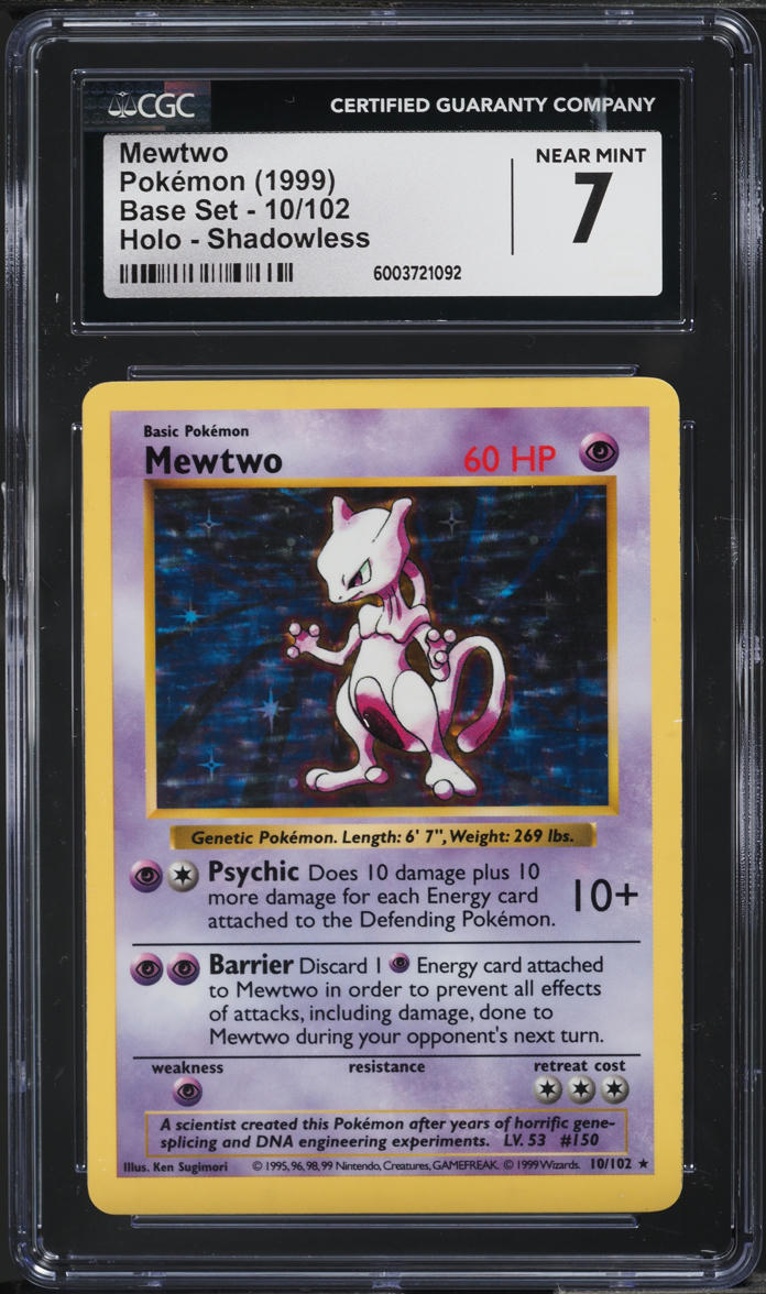 1999 Pokemon Base Set Shadowless Holo Mewtwo #10 CGC 7 NRMT