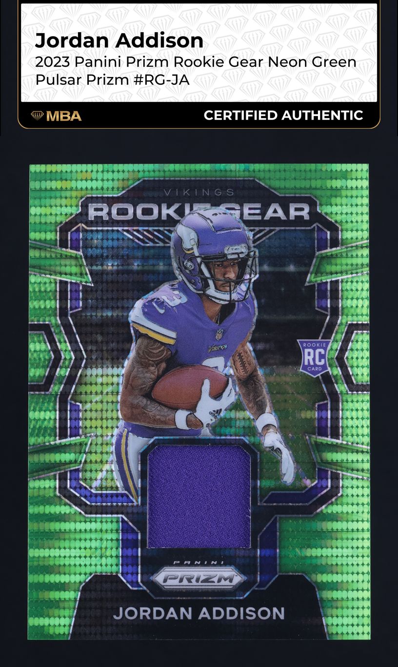 2023 Panini Prizm Gear Neon Green Pulsar Jordan Addison ROOKIE PATCH MBA AUTH