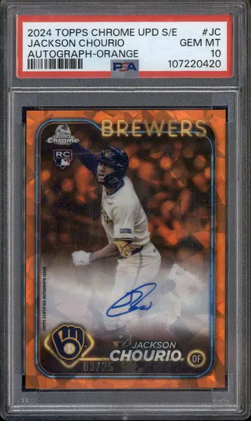 2024 Topps Chrome Sapphire Update Auto Orange #JC Jackson Chourio RC /25 PSA 10