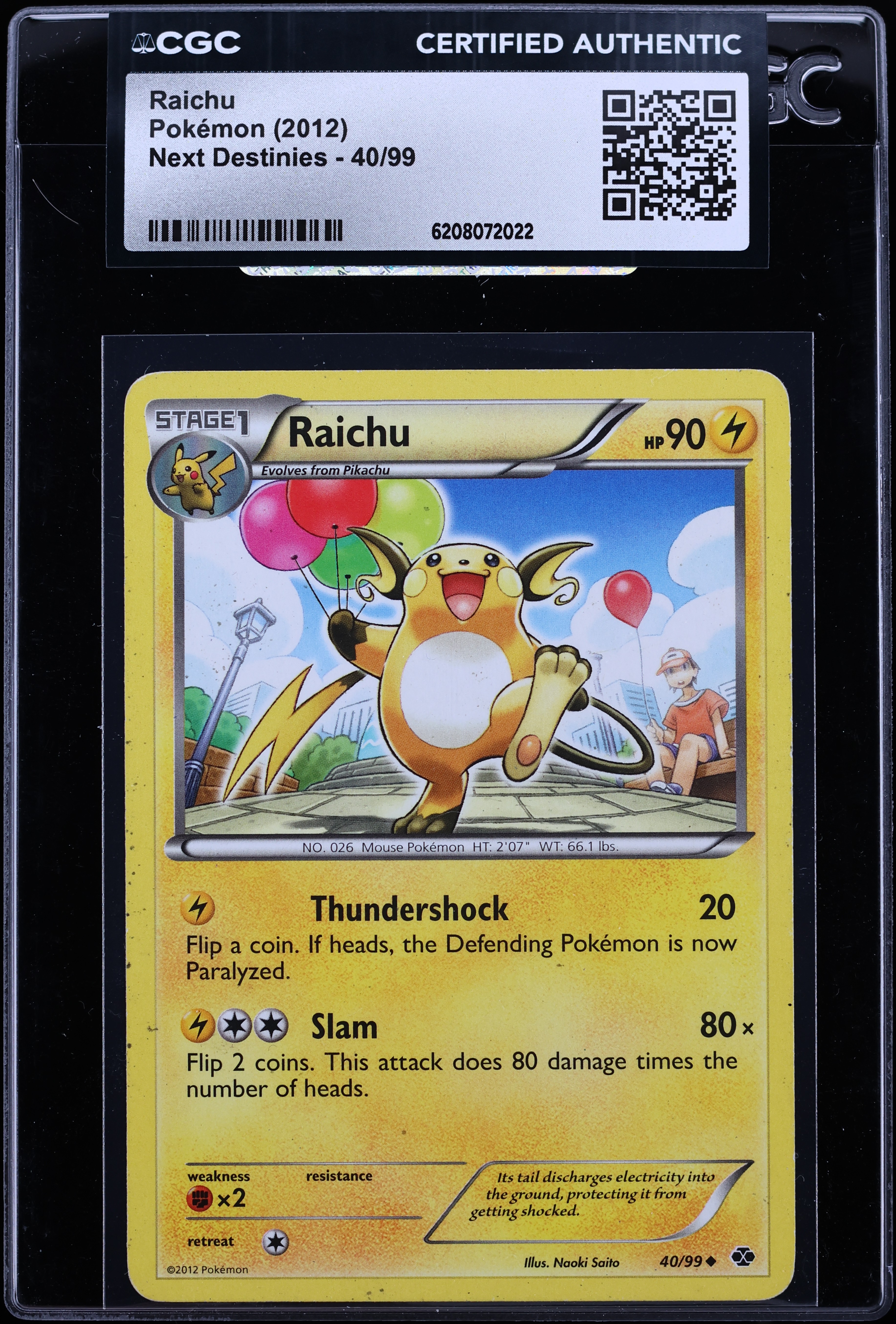 2012 Pokemon Black & White Next Destinies Raichu #40 CGC AUTH
