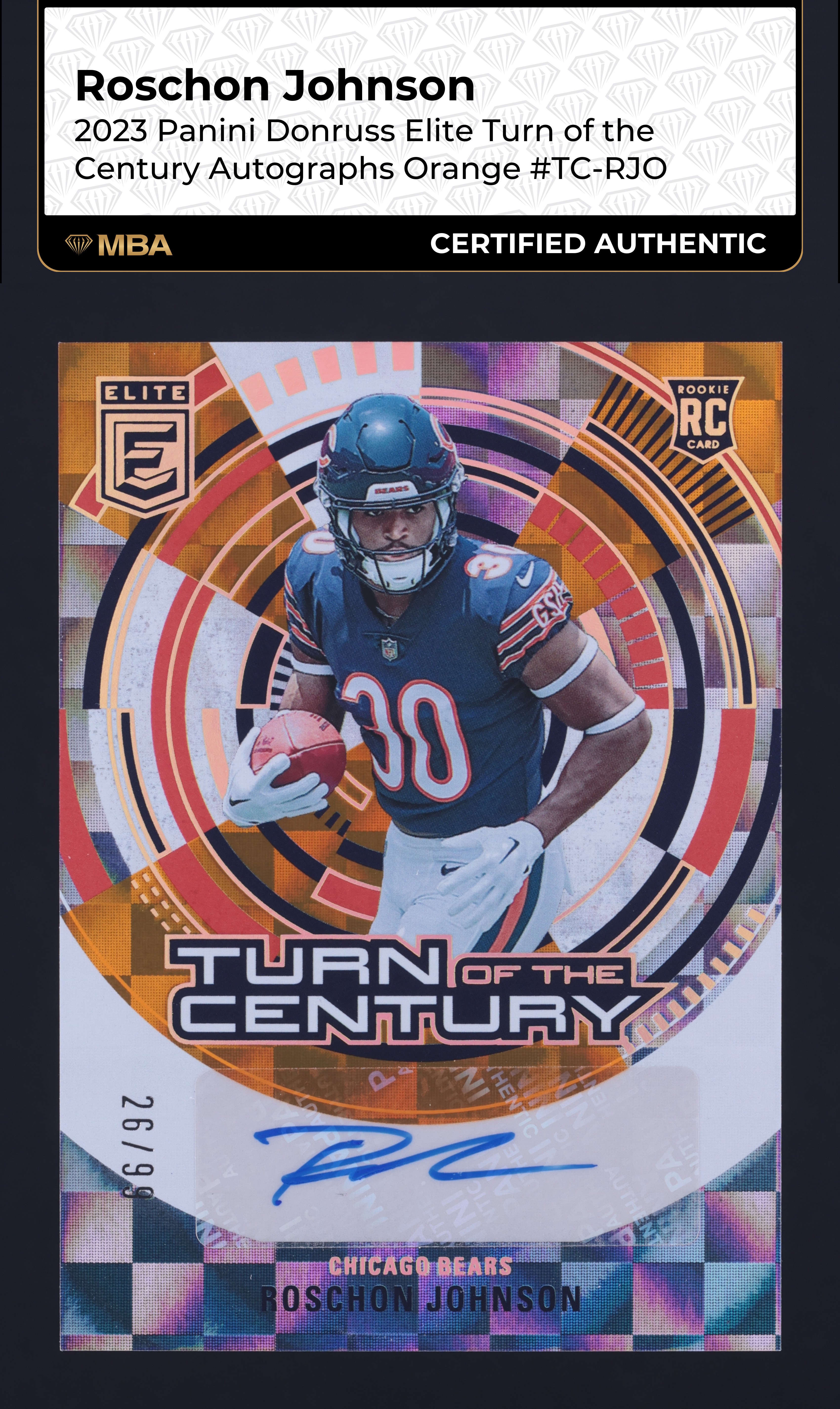 2023 Donruss Elite Turn Of Century Orange Roschon Johnson RC AUTO /99 MBA AUTH