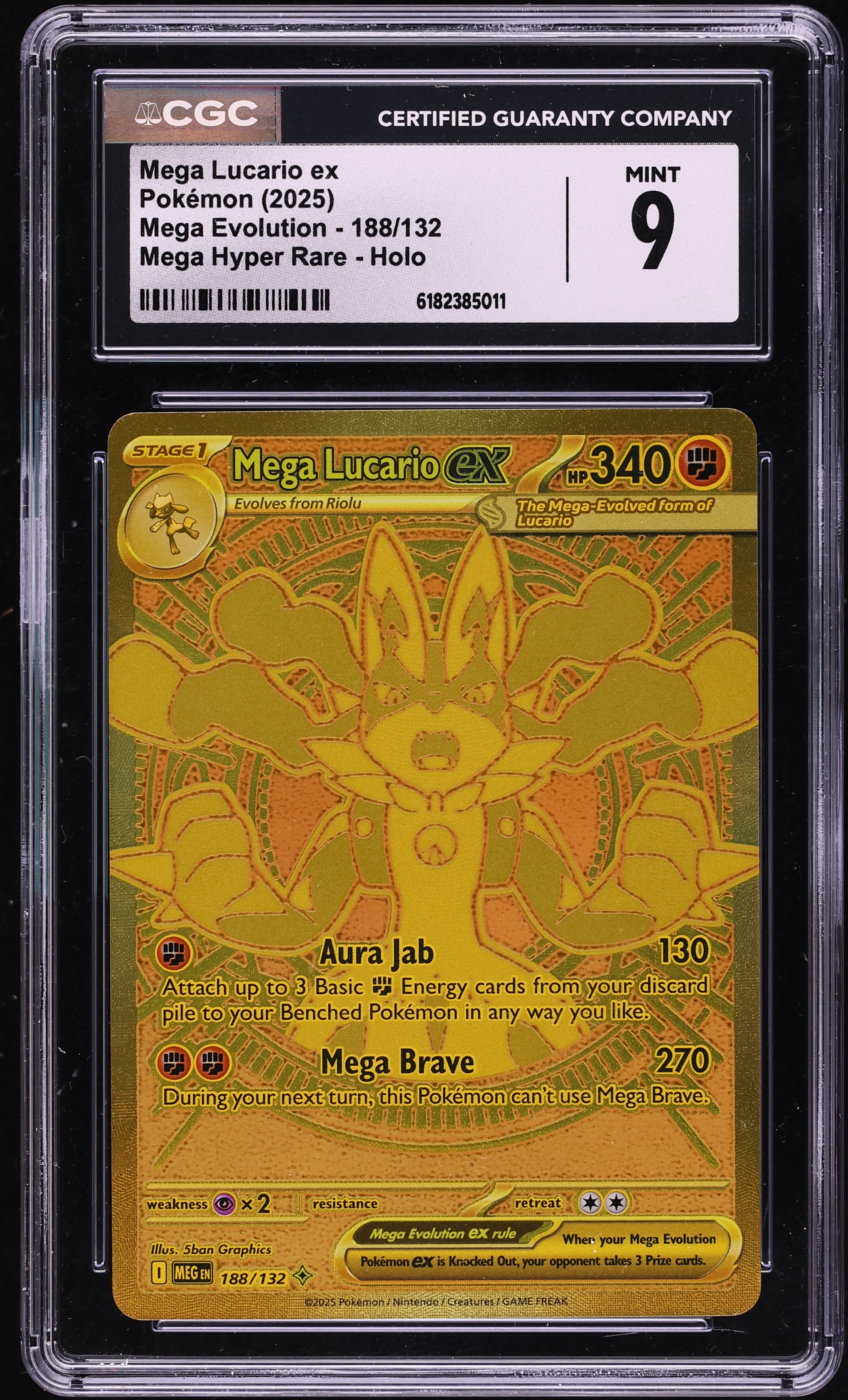 2025 Pokemon Mega Evolution Gold Rare Mega Lucario Ex #188 CGC 9 MINT