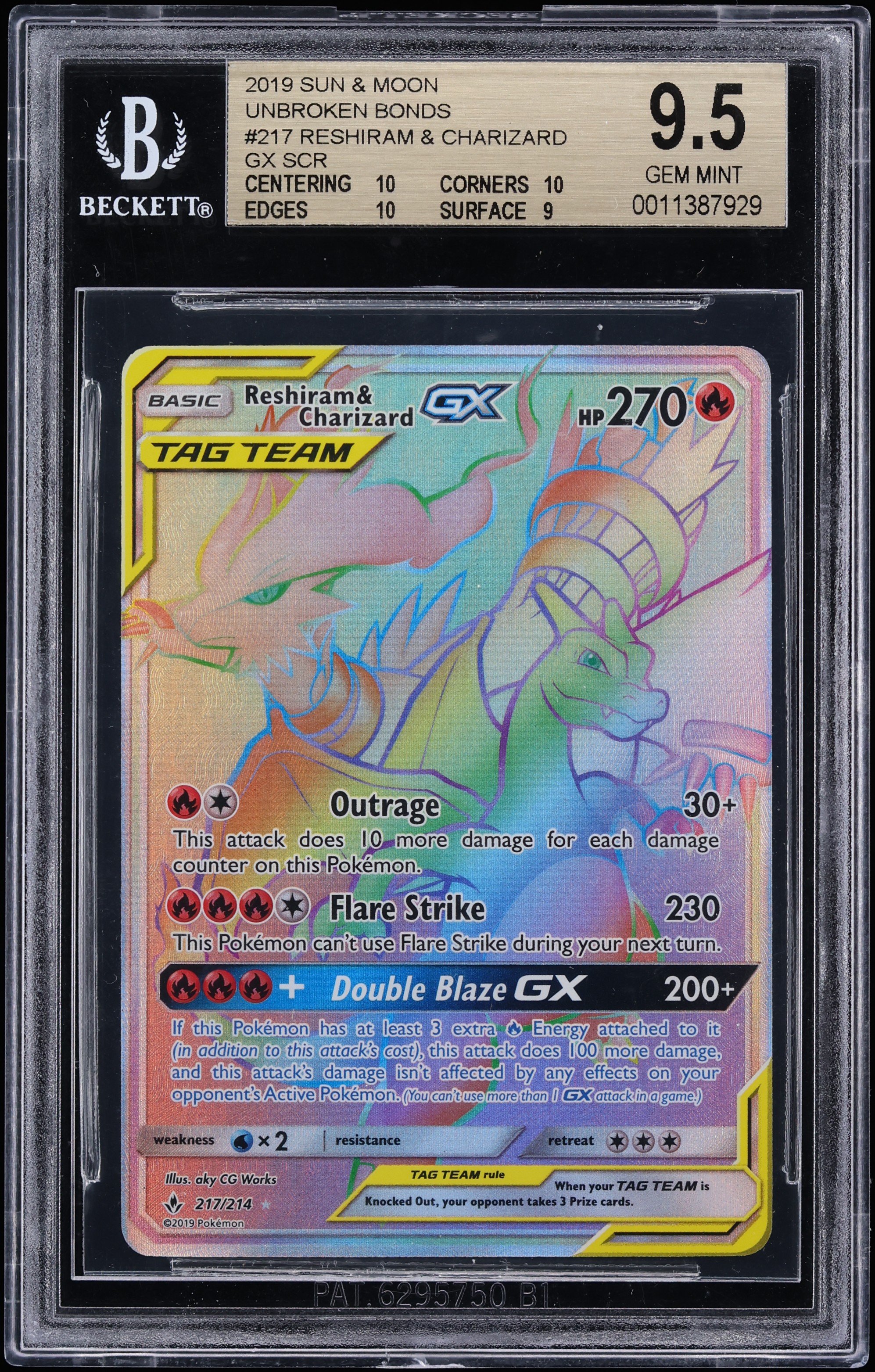 2019 Pokemon Sun & Moon Unbroken Bonds Rainbow Rare Reshiram & Charizard GX #217 BGS 9.5 GEM