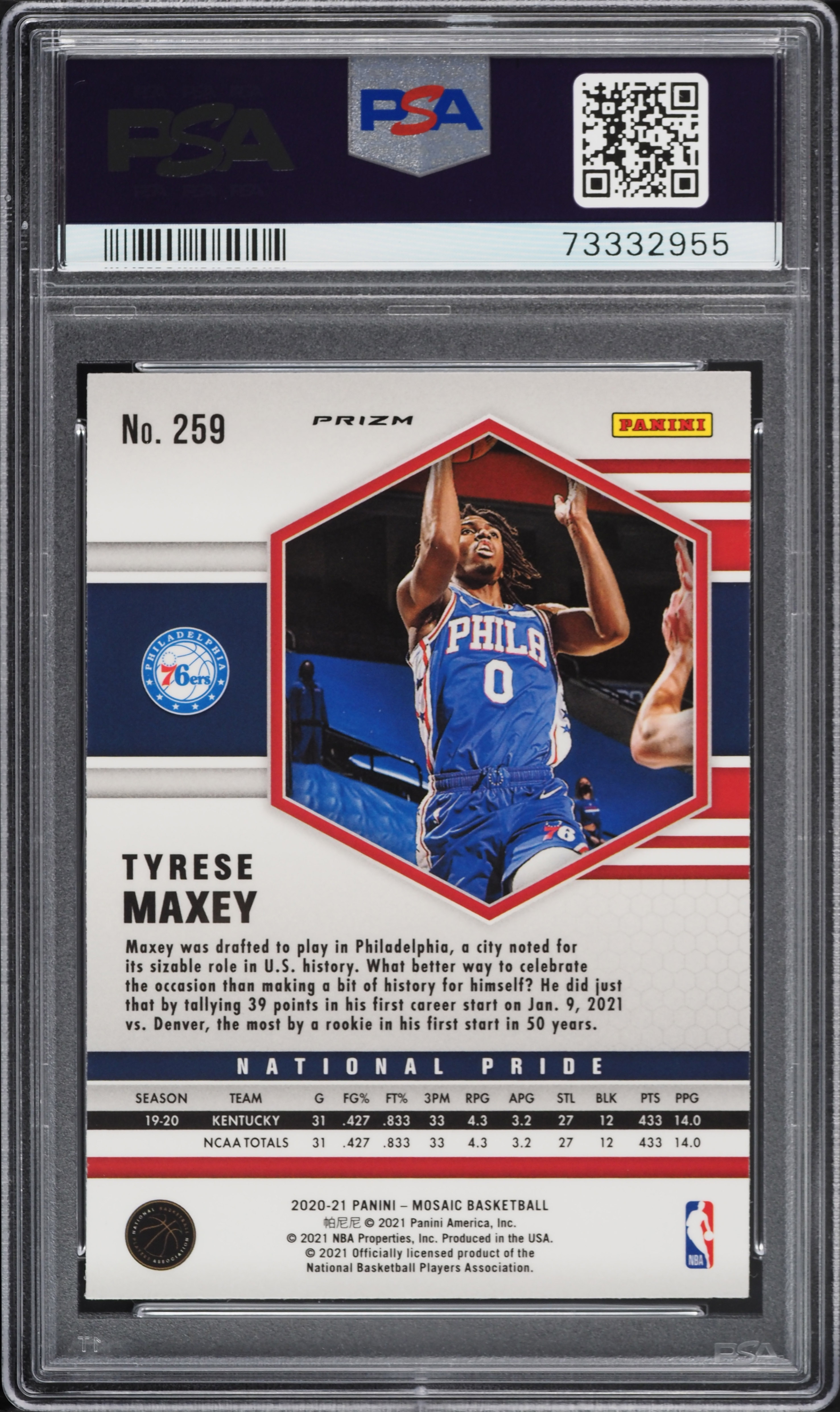 2020 Panini Mosaic Fast Break Silver Tyrese Maxey ROOKIE #259 PSA