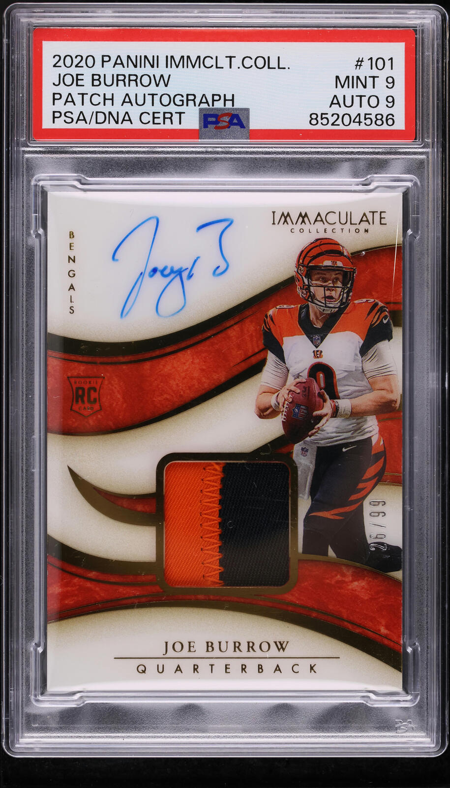 2020 Immaculate Collection Joe Burrow ROOKIE PATCH AUTO DNA 9 /99 #101 PSA 9